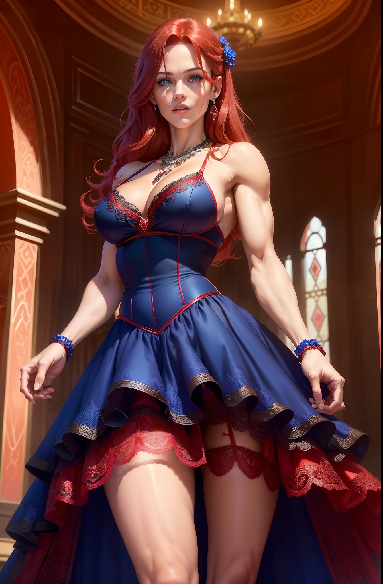 Jennifer Garner in a red and black intricate lace evening dress, ((red hair)), ((defined muscles)), ((athletic build)), ((dark tan)), lots of cleavage, thigh showing, underwear showing, ((in an ancient castle ballroom)), ((intricate diamond necklace)), ((Very colorful background)), (((garters))), (((cobalt blue eyes)))