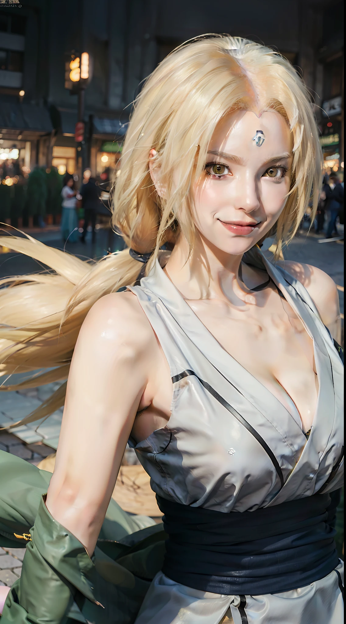 1girl, tsunade in anime naruto, long hair, yellow hair, yellow eyes, smile, beautiful, sexy dress, sexy clothes, green clothes, very big breast, realistic clothes, detail clothes, outdoor background, ultra detail, realistic