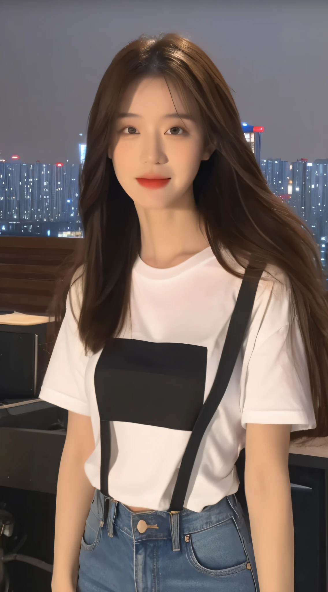 ((Midnight, Best quality, 8k, Masterpiece :1.3)), Whole body, Long legs, Sharp focus :1.2, A pretty woman with perfect figure :1.4, Slender abs :1.1, ((Dark brown hair, Big breasts :1.2)), (White tight tshirt, Jean bib, Standing:1.2), ((Night city view, Rooftop:1.3)), Highly detailed face and skin texture, Detailed eyes, Double eyelid