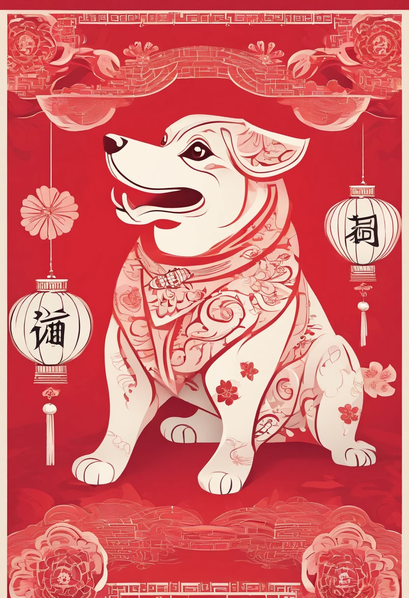 Zodiac dog，Chinese New Year's Eve verse，red colour，jubilation，lanterns