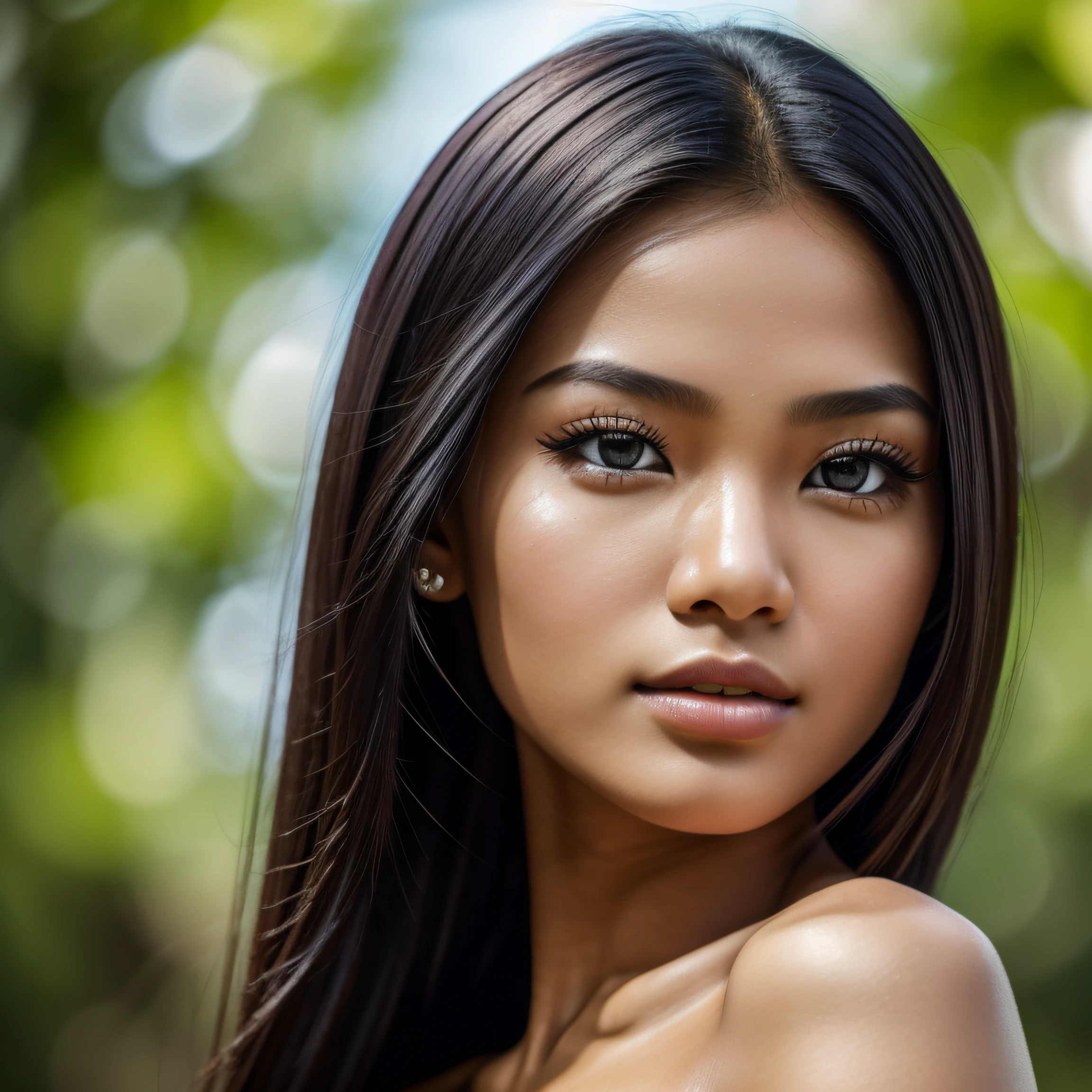 Masterpiece, (((extreme close-up to the face))), ((1 girl solo)), (one beautiful (Indonesian: 0.8)-(Spanish: 0.2) girl (looking at camera)), [Risyana Devita], 20 years old, breathtaking beauty, natural beauty, perfect face, beautiful brown eyes, detailed eyes, soft lips, (long raven-black hair: 1.5), (tall figure:1.5), (athletic body), (topless), ((small breasts: 0.5)), cleavage, ((small and beautiful hard nipple)), pearl skin, (skin pores:1.2), extremely detailed face and skin texture, (skin texture:1.1), beautiful long legs, standing pose, extremely detailed and realistic red clothes, sharp focus, dynamic lighting, 8k uhd, best quality, ultra high res, Prefessional Photography, RAW photo, (depth of field), dynamic composition, rich colors, lifelike texture,