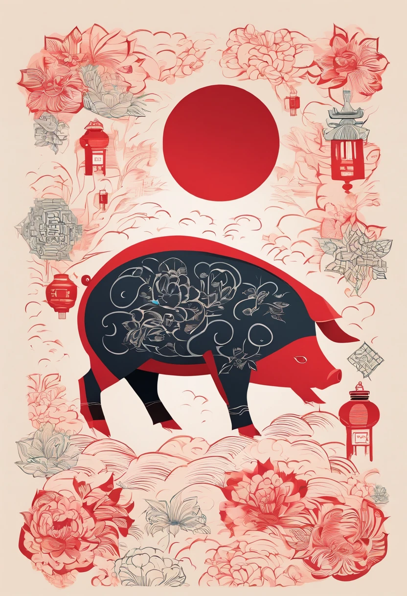 Zodiac pig,Chinese New Year's Eve verse,red colour,jubilation,lanterns