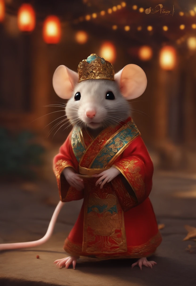 Chinese rat Furry rat, ,Big eyes, Wear festive attire, Stand on the street, Ancient style, Festive atmosphere
Artistic touch,Snes painting