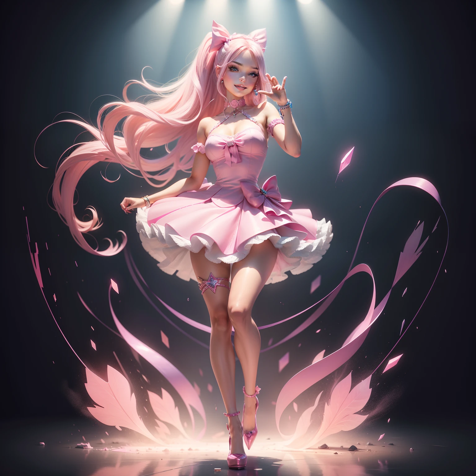 Barbie, ((Full body)), Blue eyes, Smiling face, Hair loss swaying in the wind, Hip Hop Singer Pose, Dressed in hip-hop style, Wearing a pink salopette that reflects light,swarovski,pasties,With a pink bow on the arm, Fashion, Extremely high quality, high details, 8K, clean back ground, in studio, ((Full body shot)),Align your fingers neatly,Accurate Hand Modeling,wave her hand,
