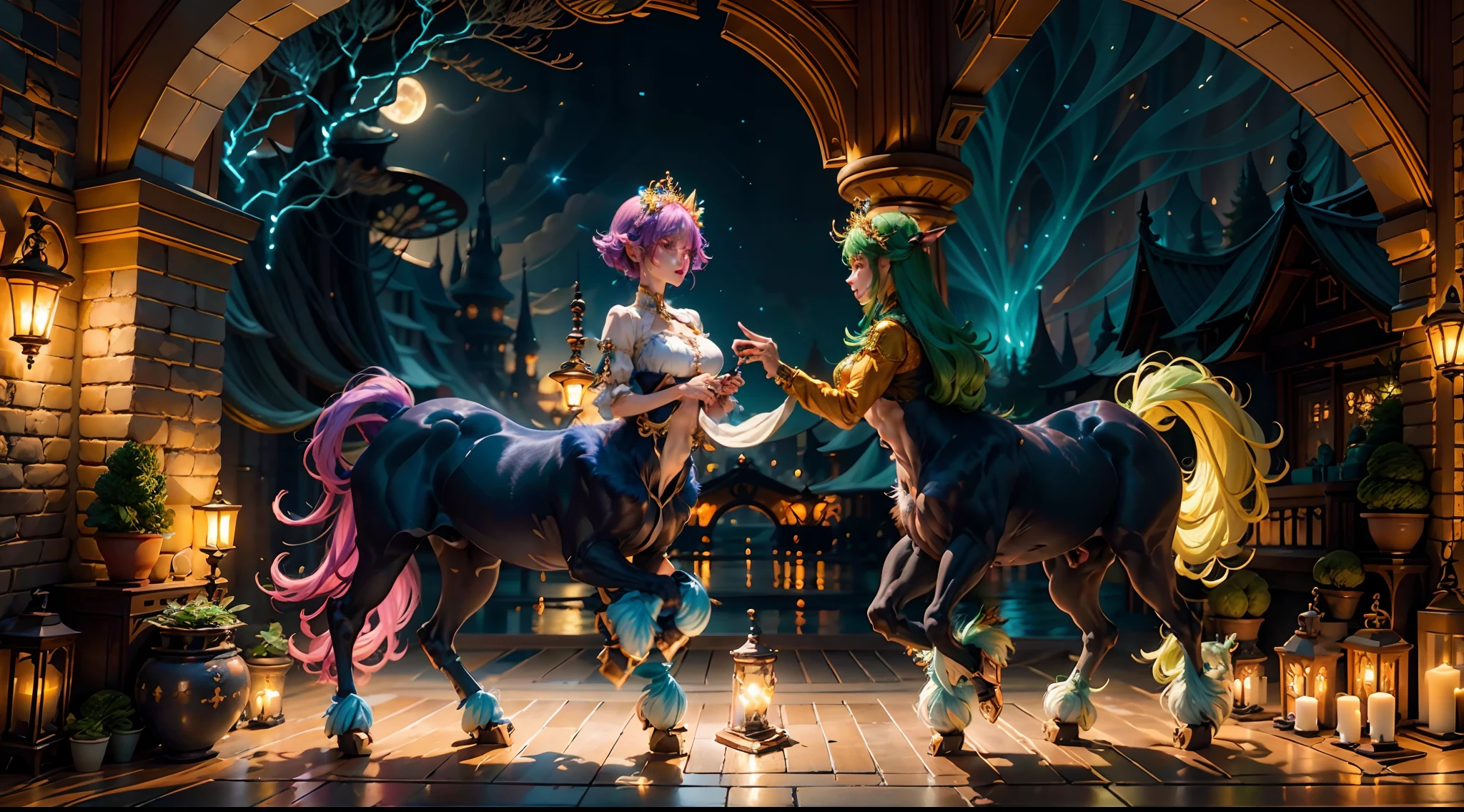 In the beautiful illustration of this super-grand scene，The ultra-long-range lens is shown（Over eight unique centaur characters：9.9），They all have their own characteristics，Vivid and interesting。Radiant angelic centaurs from the heavenly realm，To the hellish centaurs surrounded by nightmarish flames，And then to the Wind Fairy Centaur dancing in the air，There are also one-horned centaurs surrounded by thunder and lightning，and mechanical centaurs that shine with metallic light，And then to the powerful dragon centaur with colored dragon scales covering the whole body，The elegant and agile elf centaur always wears a flower crown with its slender graceful lines，Enchanting and charming Tiflin centaurs。Each character has their own unique charms and abilities。The illustration uses advanced artistic techniques and tools，（Divide the scene into sections by geometric arrangement：9.9），Each section corresponds to a centaur character，This makes more efficient use of space。Through Midjourney's advanced brush tools、Color palette、Material packs and model packs，For each centaur, beautiful props are designed to increase racial characteristics、Clothing and physical features，Enhances the character's personality and visual appeal。The scenery in the illustrations is stunning，There are changing skies、rainbowing、extreme light、Stars and Moon。Incorporating iconic landmarks such as Mount Everest，and fireworks、tranquil lake、Natural and urban elements of waves and neon lights，Creates a magical atmosphere。The centaurs display their unique abilities and equipment in a variety of environments，This is true even in extreme alien landscapes。（Use Midjourney's tools、Material packs、Texture tools、The color palette makes depicting details vivid and realistic：9.9），From complex hairstyles and as well as different racial traits、Body、Appearance features、Clothing to real textures，This greatly enhances the realism of the characters and surroundings。The fusion of multiple art styles adds movement to the centaur's