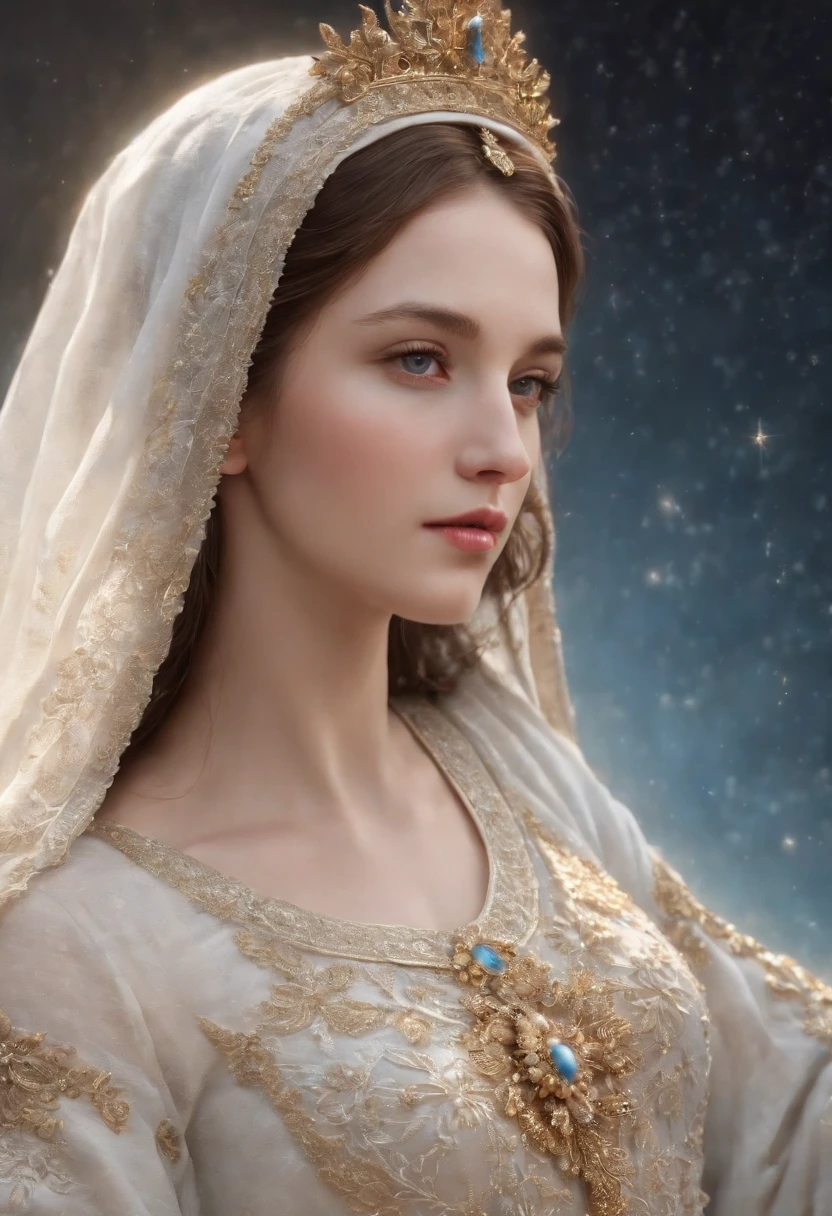 (Holy virgin mary of carmel))) Masterpiece, (Best quality: 1.2), (Super fine: 1.2), Illustration, (Extremely delicate and beautiful: 1.2), Film angle, Floating, (Beautiful detail eye: 1.1), (Detail Light: 1.1), Film lights, Delicate sky, Blue eyes, (High ponytail: 1.1), Layer, Bright eyes, Starry sky, (Light particles: 1.1) drawing, blossom. (masterpiece), (best quality), (photorealistic:1.3), 8k, detailed skin texture, detailed cloth texture, beautiful detailed face, intricate details, ultra detailed (full-length body:1.2) color image very similar to those of the classical painter GUSTAVE DORÉ