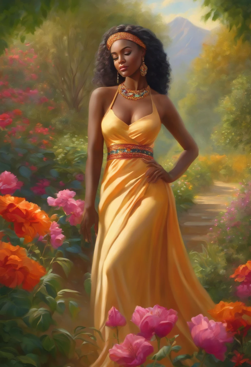 African goddess(a girl or a woman with a fit figure and a graceful posture, wearing a flowing dress and standing in a vibrant garden or natural landscape, surrounded by colorful flowers and lush greenery, bathed in soft sunlight and gentle breeze),oil painting,high quality,realistic colors,soft lighting,subtle shadows,vivid details,natural scenery