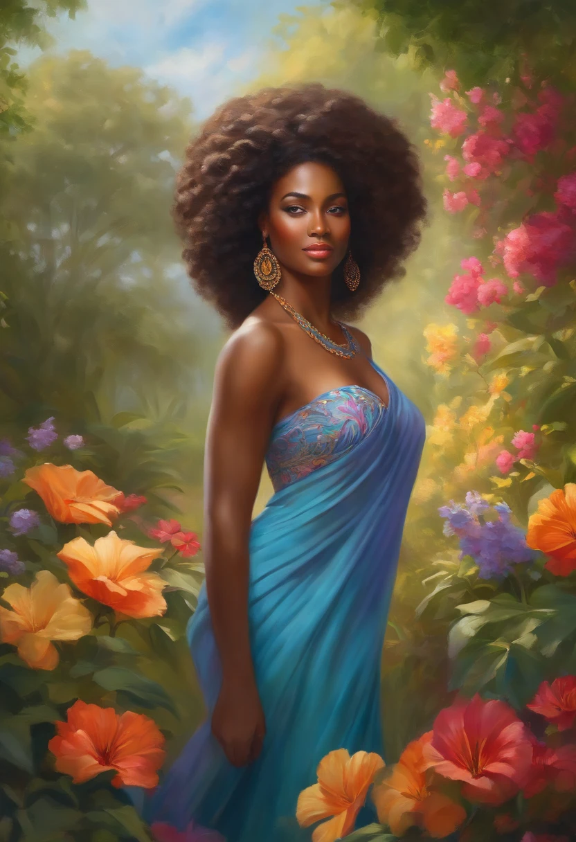 African goddess(a girl or a woman with a fit figure and a graceful posture, wearing a flowing dress and standing in a vibrant garden or natural landscape, surrounded by colorful flowers and lush greenery, bathed in soft sunlight and gentle breeze),oil painting,high quality,realistic colors,soft lighting,subtle shadows,vivid details,natural scenery