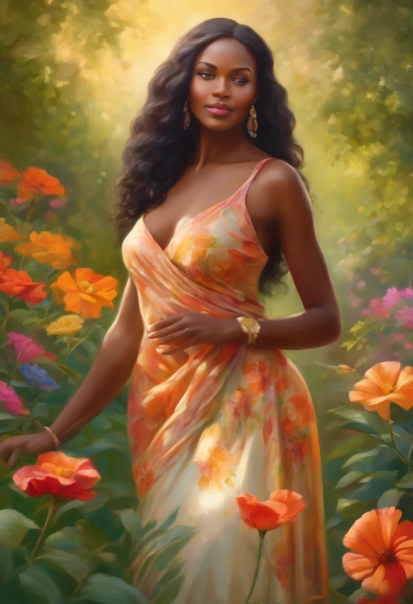 African goddess(a girl or a woman with a fit figure and a graceful posture, wearing a flowing dress and standing in a vibrant garden or natural landscape, surrounded by colorful flowers and lush greenery, bathed in soft sunlight and gentle breeze),oil painting,high quality,realistic colors,soft lighting,subtle shadows,vivid details,natural scenery