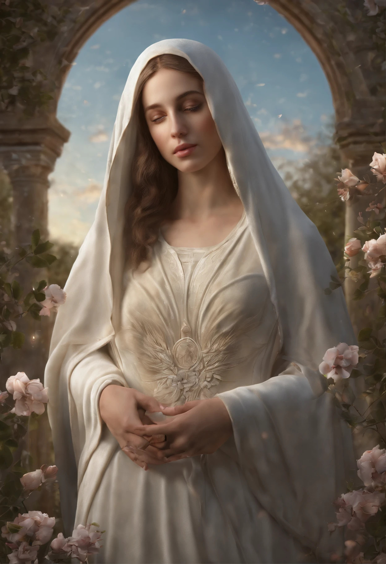 (Holy virgin mary of the perpetual help))) Masterpiece, (Best quality: 1.2), (Super fine: 1.2), Illustration, (Extremely delicate and beautiful: 1.2), Film angle, Floating, (Beautiful detail eye: 1.1), (Detail Light: 1.1), Film lights, Delicate sky, Blue eyes, (High ponytail: 1.1), Layer, Bright eyes, Starry sky, (Light particles: 1.1) drawing, blossom. (masterpiece), (best quality), (photorealistic:1.3), 8k, detailed skin texture, detailed cloth texture, beautiful detailed face, intricate details, ultra detailed (full-length body:1.2)