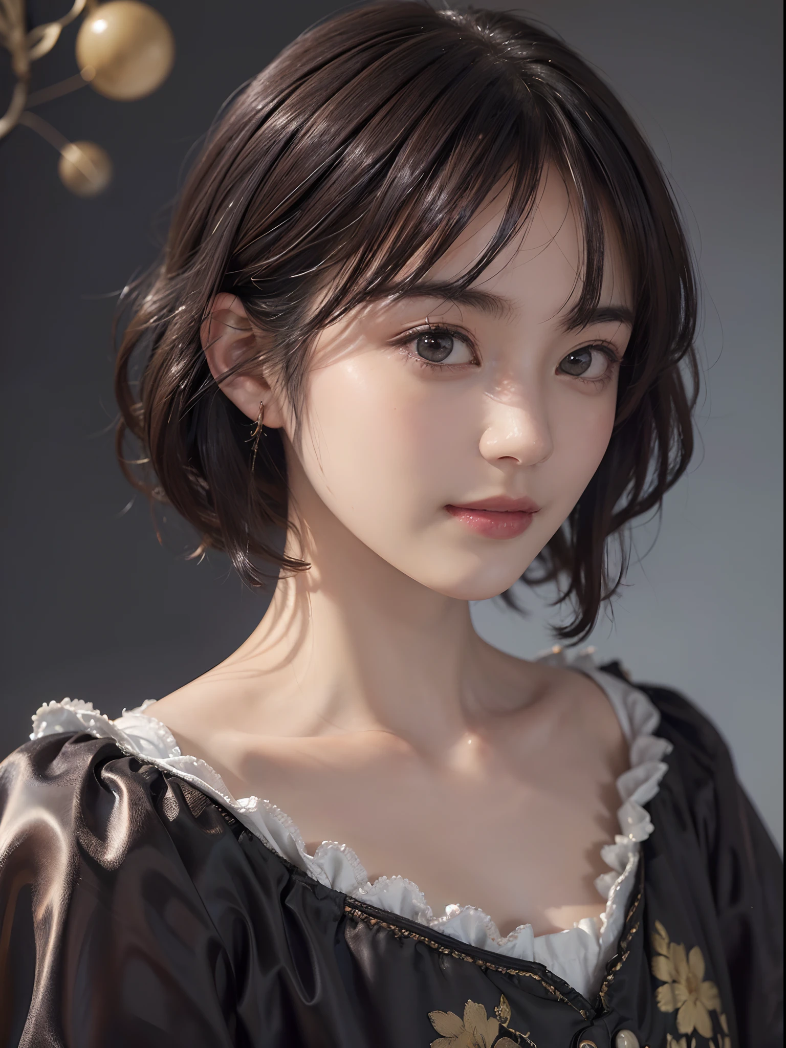 (masutepiece:1.3), (8K picture quality), Photorealsitic, Raw photo, (Best Quality: 1.4), (1womanl), Pretty Face, (Realistic face), (A dark-haired, Short hair:1.5), Beautiful hairstyle, ((Chest chest)), Ultra-high definition resolution, the golden ratio, , depth of fields, 电影灯光, A slight smil, (Soap bubbles:1.1), Oil Painting, Rembrandt, Light and Darkness, ((Contrasty)), with floral pattern