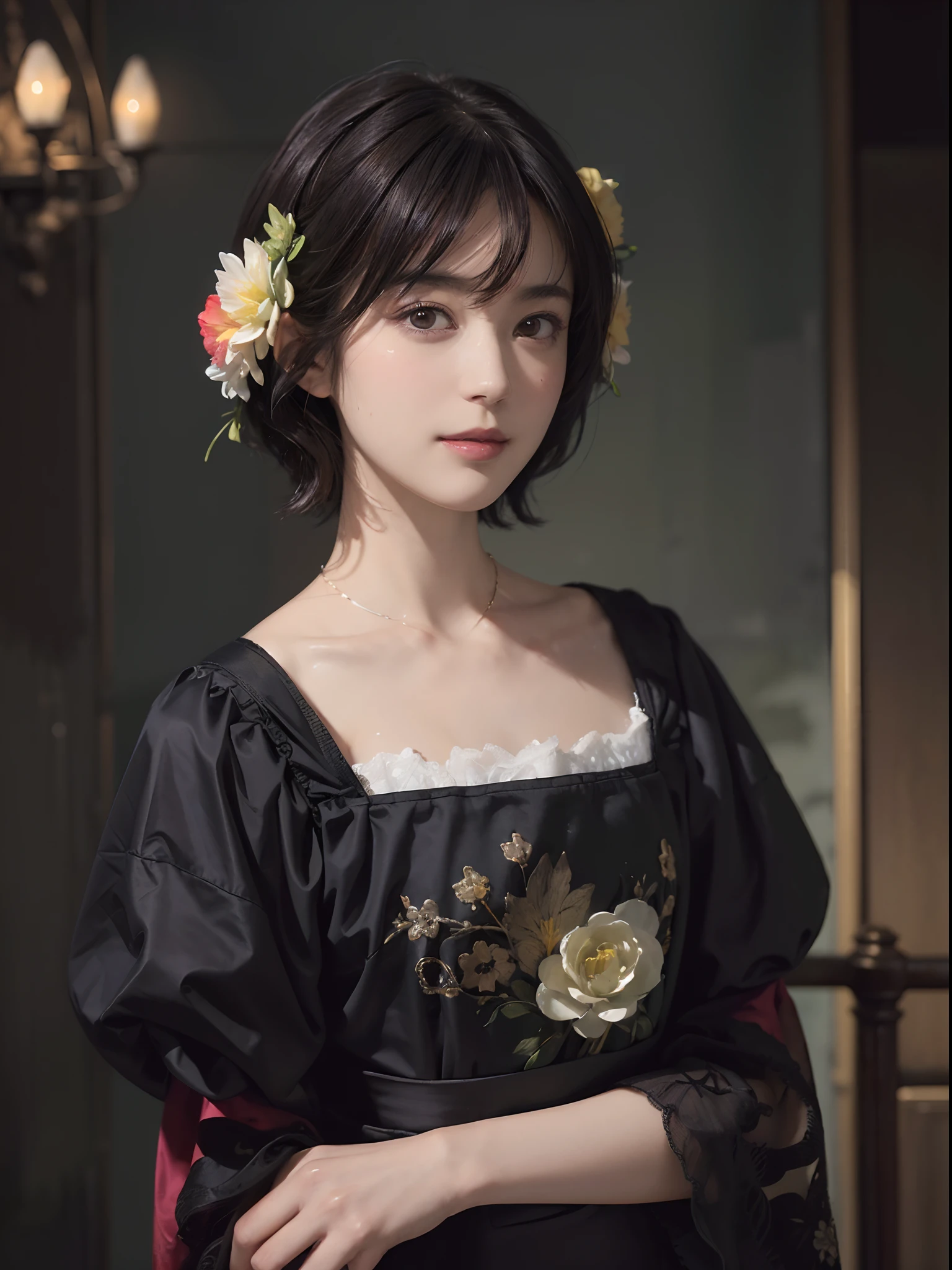 (masutepiece:1.3), (8K picture quality), Photorealsitic, Raw photo, (Best Quality: 1.4), (1womanl), Pretty Face, (Realistic face), (A dark-haired, Short hair:1.5), Beautiful hairstyle, ((Chest chest)), Ultra-high definition resolution, the golden ratio, , depth of fields, 电影灯光, A slight smil, (Soap bubbles:1.1), Oil Painting, Rembrandt, Light and Darkness, ((Contrasty)), with floral pattern