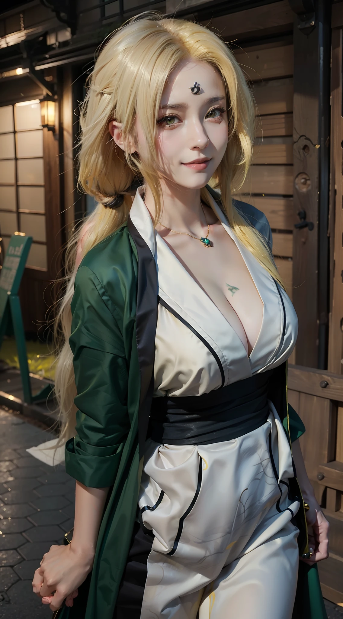 1girl, tsunade in anime naruto, long hair, yellow hair, yellow eyes, smile, beautiful, sexy dress, sexy clothes, green clothes, very big breast, realistic clothes, detail clothes, outdoor background, ultra detail, realistic