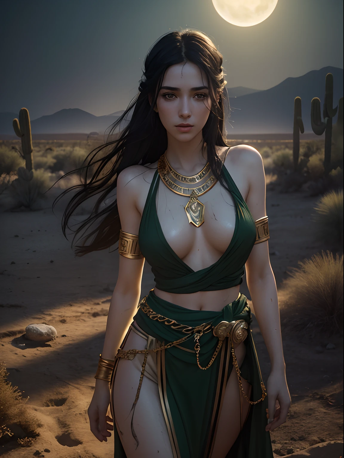 (A beautiful 25 years old female Greek maiden:1.4), (long black hair:1.2), (pale skin, detailed dirty and sweaty skin:1.2), (serious face), (wearing green colored revealing Greek maiden outfit with golden ornate:1.2), (waist up shot:1.2), (desolate desert at night:1.4), view from front, (chains:1.2), (sexy pose:1.4) , (chiaroscuro lighting:1.4), photo realism, intricate face detail, intricate hand details, Photographic masterpiece, Production quality. Photo realism, cinematic, dreamy, glowing, luminescent, glamor, glimmer, shadows, intricate. Low light, Golden ratio, Particles.