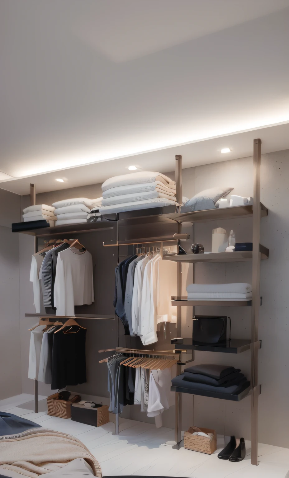 there is a room with a bed, Closets and shelves, elegant futuristic wardrobe, elegant wardrobe, laundry hanging, clothes floating, Something hanging from the ceiling, modular, shelves, product introduction photos, shelf, utilitarian, limpo e organizado, 8k --height 768, Neat and tidy, grayish, high deatil, Uptrend ，