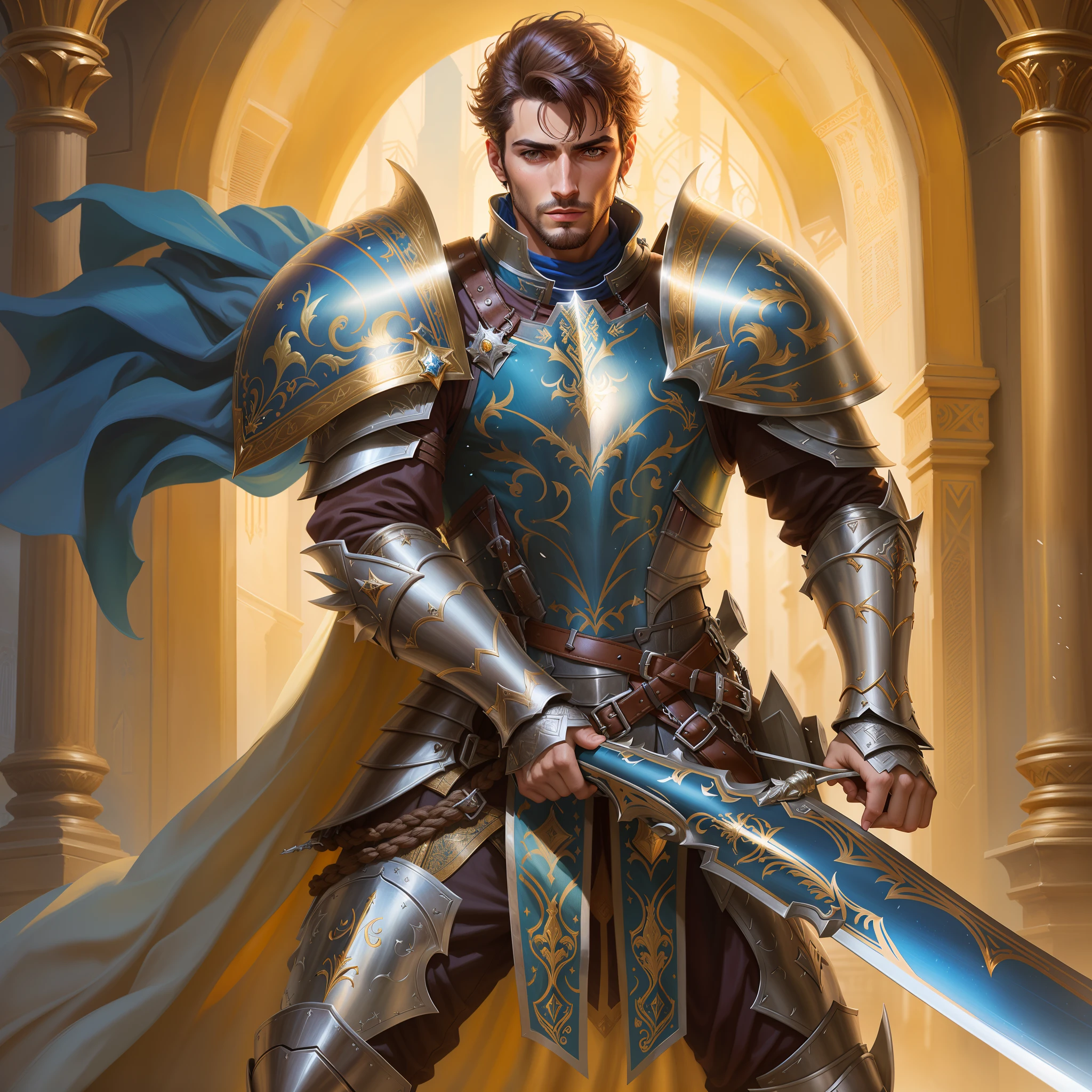 um close up de um homem de armadura segurando uma espada, Paladino masculino, rosto bravo paladino fantasia, Paladino Santo, full portrait of magical knight, um paladino masculino humano, Arsen Lupin como um paladinoo, paladinoo de ouro, paladino, Arte do Jogo de Cartas de Fantasia, Armadura dourada de Paladino, vestido com armadura leve, Graphic artist Magali Villeneuve