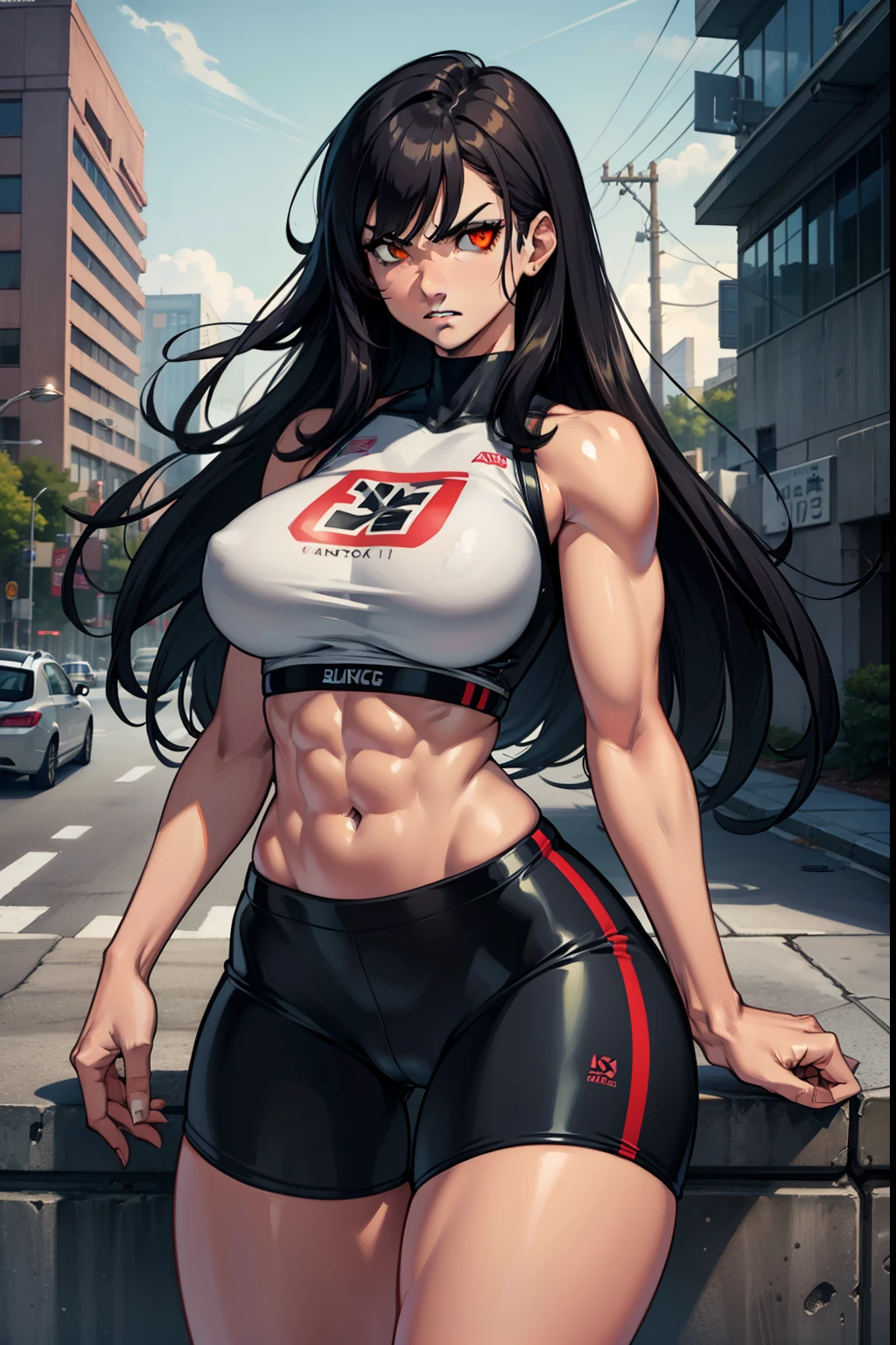 1 girl, solo, black, hair, extremely long hair, yellow eyes, angry, large breasts, thick thighs, curvy, wide hips, (muscular), toned body, crop top, bike shorts, navel, abs, concrete