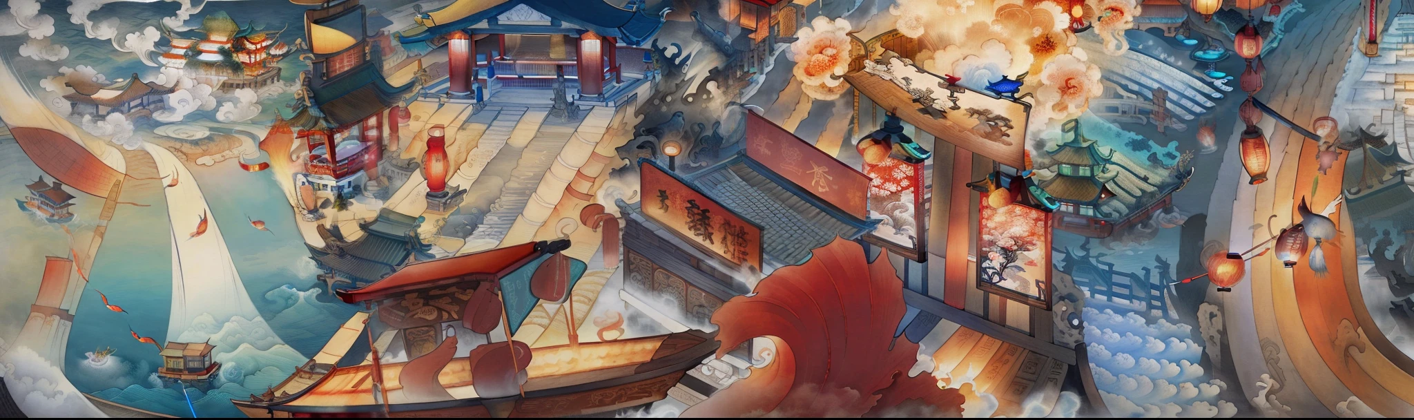 hot pot，mahjong，pub，marketplace，pyrotechnics，swell sea，wave，Ancient Chinese landscapes，Ancient buildings，Pavilions，Carved beams and paintings，Inspired by Jin Yong martial arts，rays of sunshine，Ink painting style，clean color，Decisive cut，Leave white space，impressionistic，tmasterpiece，ultra-detailliert，Epic composition, high qulity, HighestQuali，pixar-style，Supersaturation，hyper realisitc，Art germ --v 6