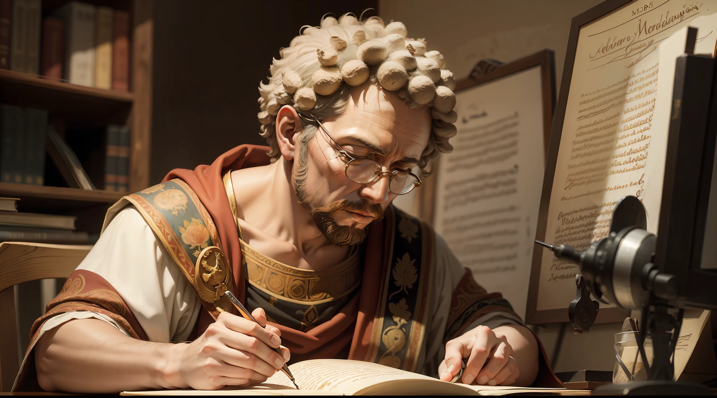 Ancient Roman fresco of Emperor Marcus Aurelius writing Meditations at his desk