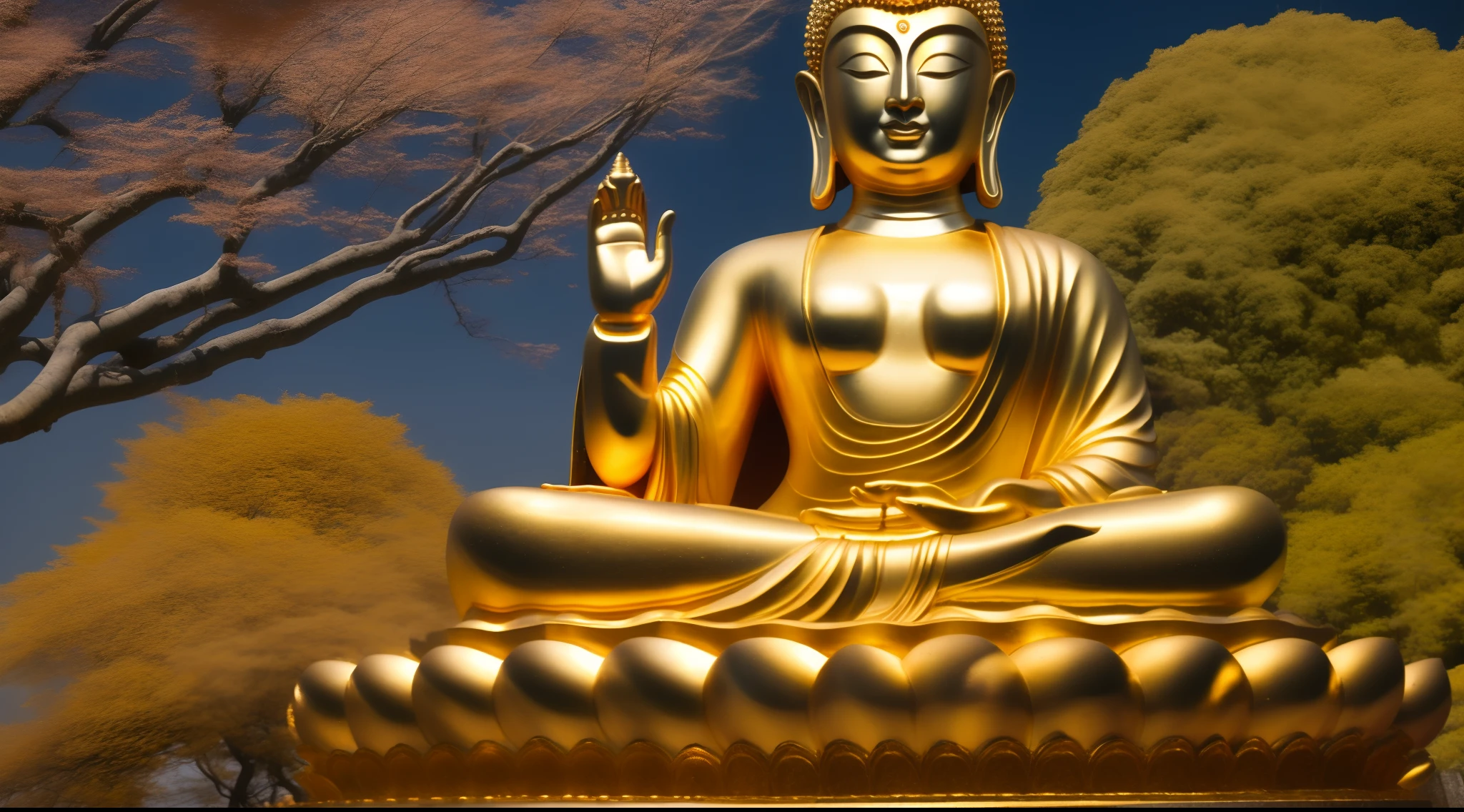 Golden Buddha statue sitting on cloud-covered ground, bodhisattva, Guanyin,the god emperor of mankind, guanyin of the southern seas, Buddhist, Deities, God of Wealth, Divine goddess, Buddhism,真实感