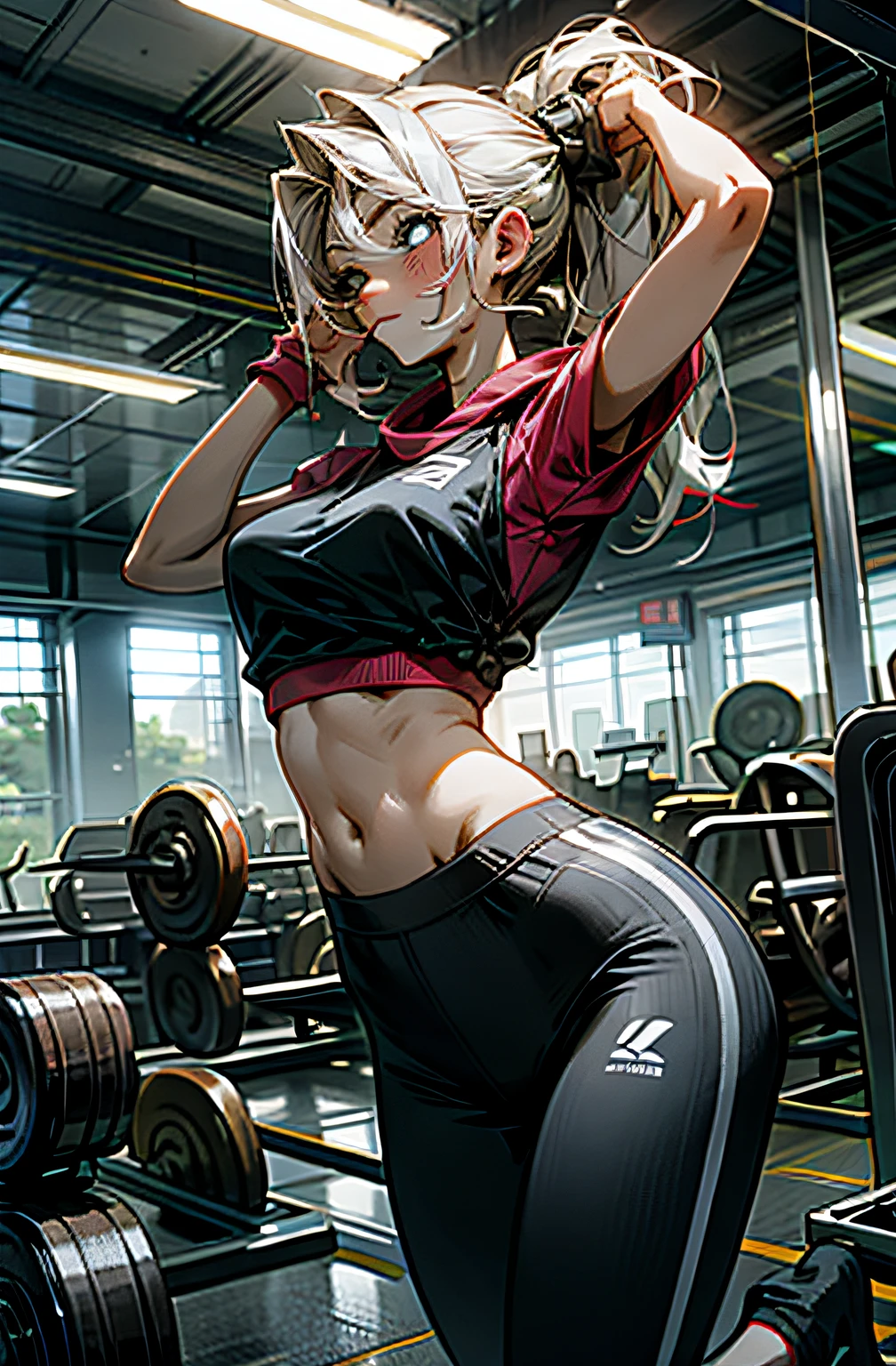 Best quality, medium breasts,  curvy, dark brown skin, long blond hair, yellow eyes, slutty, gyaru, full lips, seductive, darkskin, tan, sexy, gym, inside gym, ,yogapants, red yogapants, darkskin, red pantsc n pain, treadmill, running on treadmill, sprinting, sprinting on treadmill, lean body, red gym clothes, sprinting, eyes closed, treadmill, running on treadmill, yogapants, darkskin, tan, bikershorts, short pants, darkskin