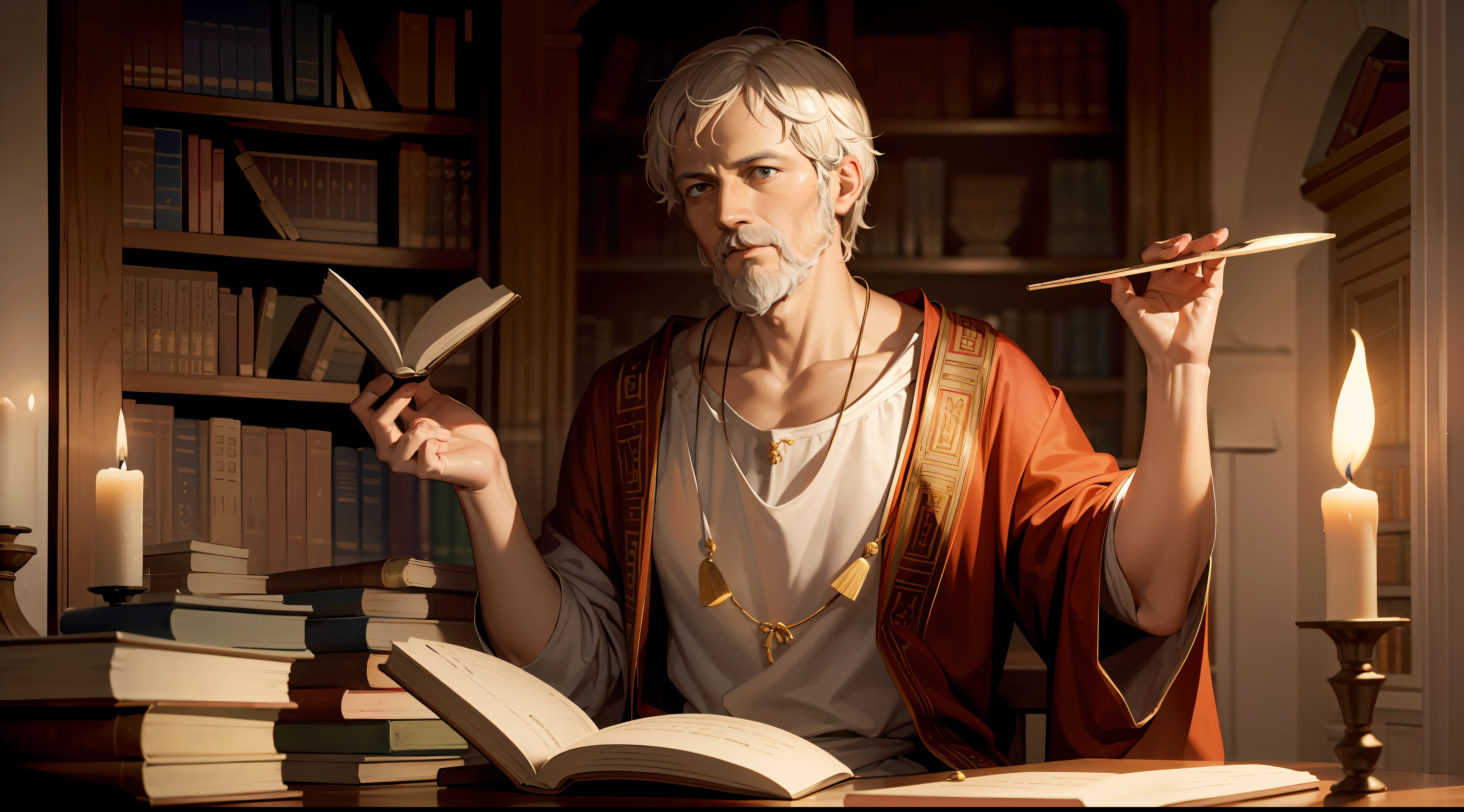 Aristotle, age 40, dressed in his ancient greek clothes, teaching in his ancient library., on candle lights