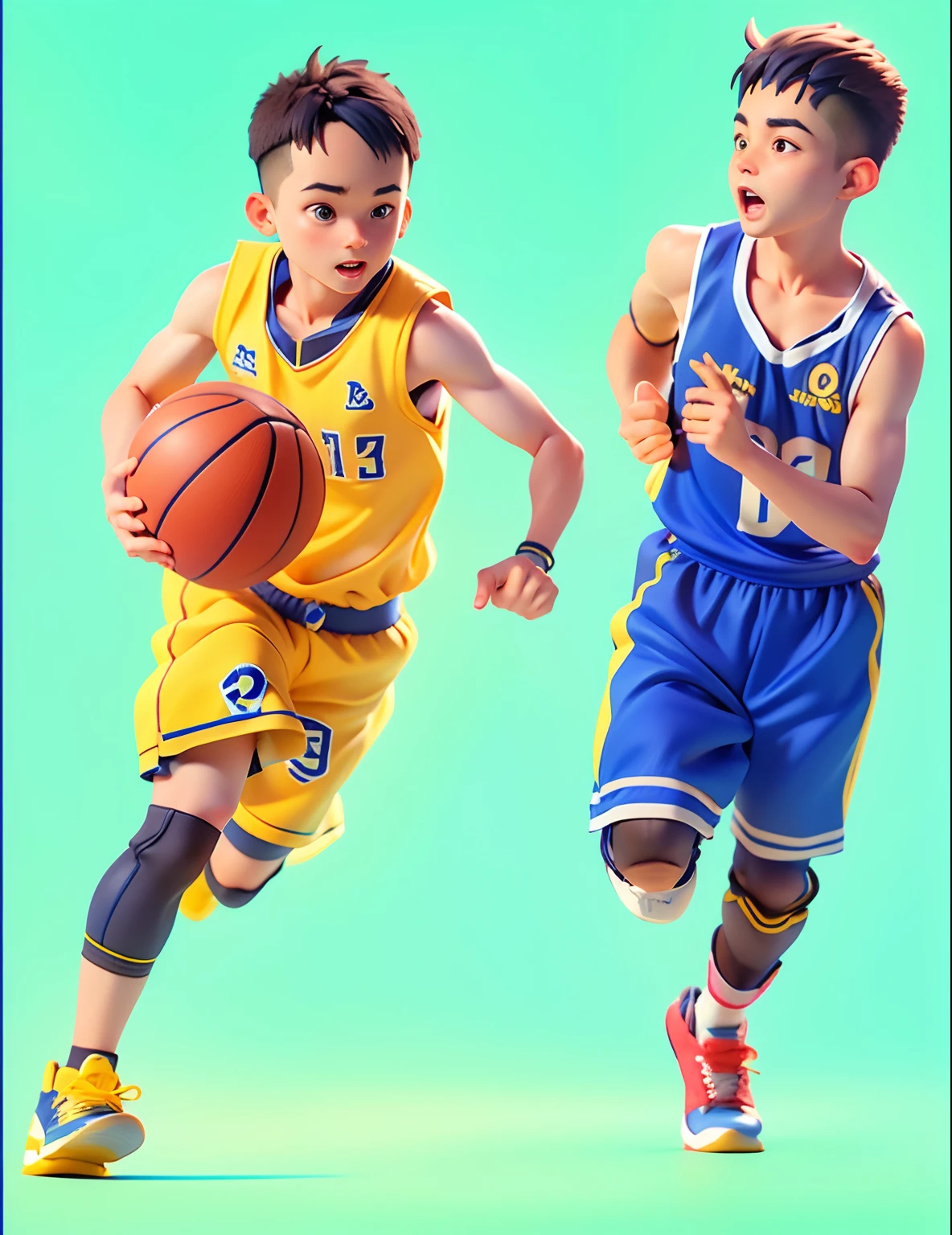 There are two young boys playing basketball on the court, Inspired by Zou Yigui, in blue and yellow clothes, blue and yellow theme, cover shot, OC renderer, C4D, blindbox, Cute 3d anime boy rendering