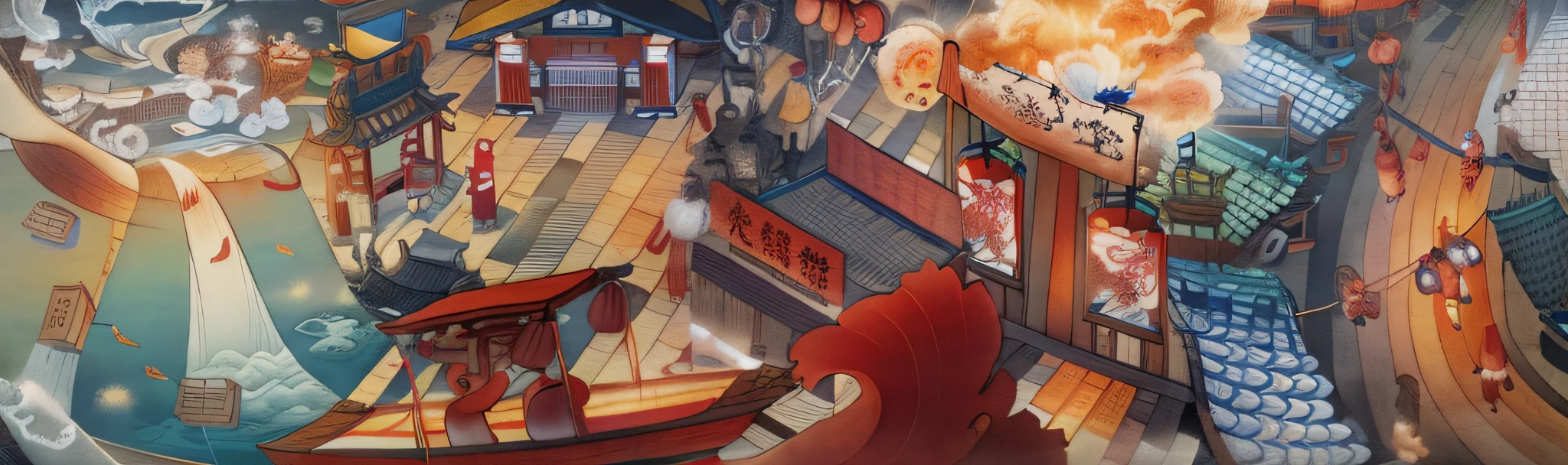 hot pot,mahjong,pub,marketplace,pyrotechnics,swell sea,wave,Ancient Chinese landscapes,Ancient buildings,Pavilions,Carved beams and paintings,Inspired by Jin Yong martial arts,rays of sunshine,Ink painting style,clean color,Decisive cut,Leave white space,impressionistic,tmasterpiece,ultra-detailliert,Epic composition, high qulity, HighestQuali,pixar-style,Supersaturation,hyper realisitc,Art germ --v 6