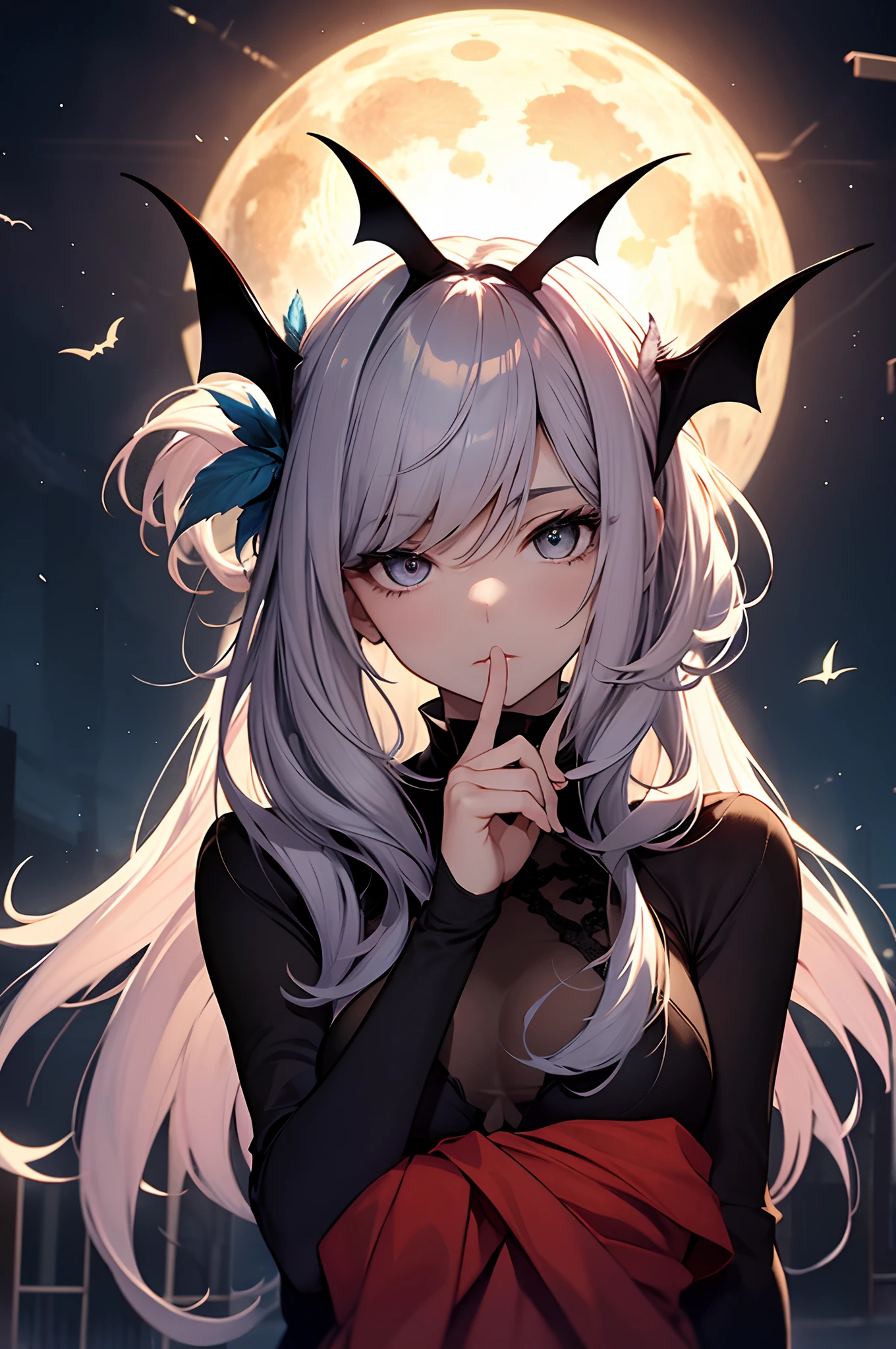 Draw a scene in which a woman personifies a bat。her skin is pale gray,、She wears a feather-like costume that evokes the image of beautiful flapping。long hair darkens、It has a form similar to the wings of a bat.、Dancing gracefully in the darkness。 She in the moonlight in the night sky、Fly around in the dark。Her big eyes have a keen insight.、Perfectly aware of the surrounding space。There are fingers at the tips of the wings.、Control it and soar freely in the air。 This scene is、Night and darkness、Symbolizing freedom and mystery、It combines the characteristics of bats with the beauty of women.。Depict the grace and free flight of a female bat personification。