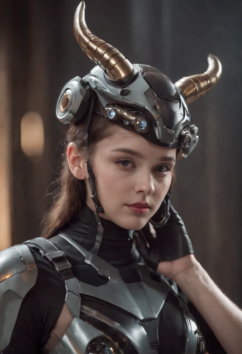 1girll,Solo,Machine,exoskeleton,Helmet with horns,Science fiction,Simple background, (NSFW:1.2),(Low quality:1.4),(worst quality:1.4),(Extra fingers, Deformed hands, polydactyl:1.4),