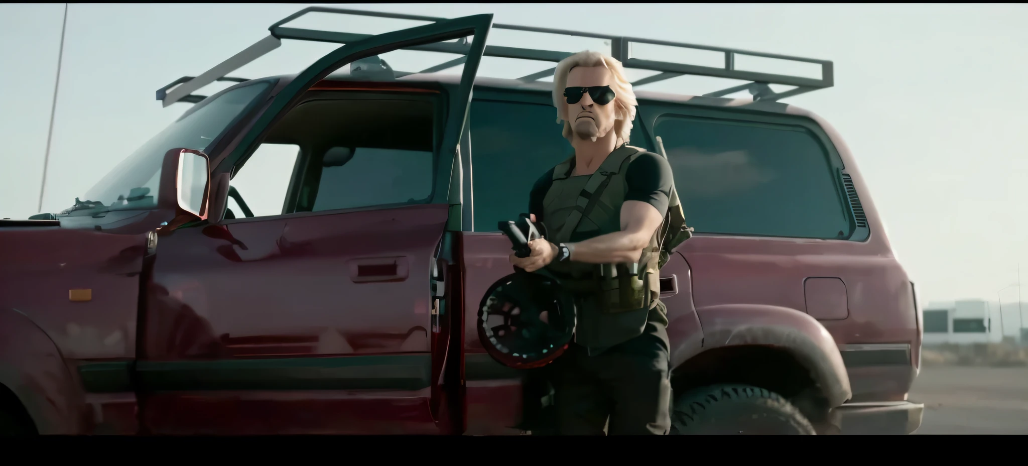 ((Masterpiece)). ((Best quality)), ((A high resolution)), Male focus, A black-haired Arad man wearing a camouflage bulletproof vest stands in front of a red truck, Cameron Films, cinematic ligh《the terminator》, movie action still frame, shot from cinematic, still from live action movie, Equipped with AA12 rifles, live-action movie scenes, action scene from the film,Hyper-cinematic,The weapon is super real