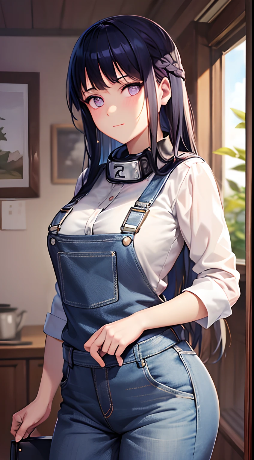 tmasterpiece, best qualityer, ultra - detailed, illustration,1girl, long whitr hair,dark-blue hair,french braid,Purple eye,bluntbangs, The shirt,(jeans overalls:1.1), mideum breasts, looking at viewert,hyouka\(shippuden\),Be red in the face,perspire,nase,perspire,