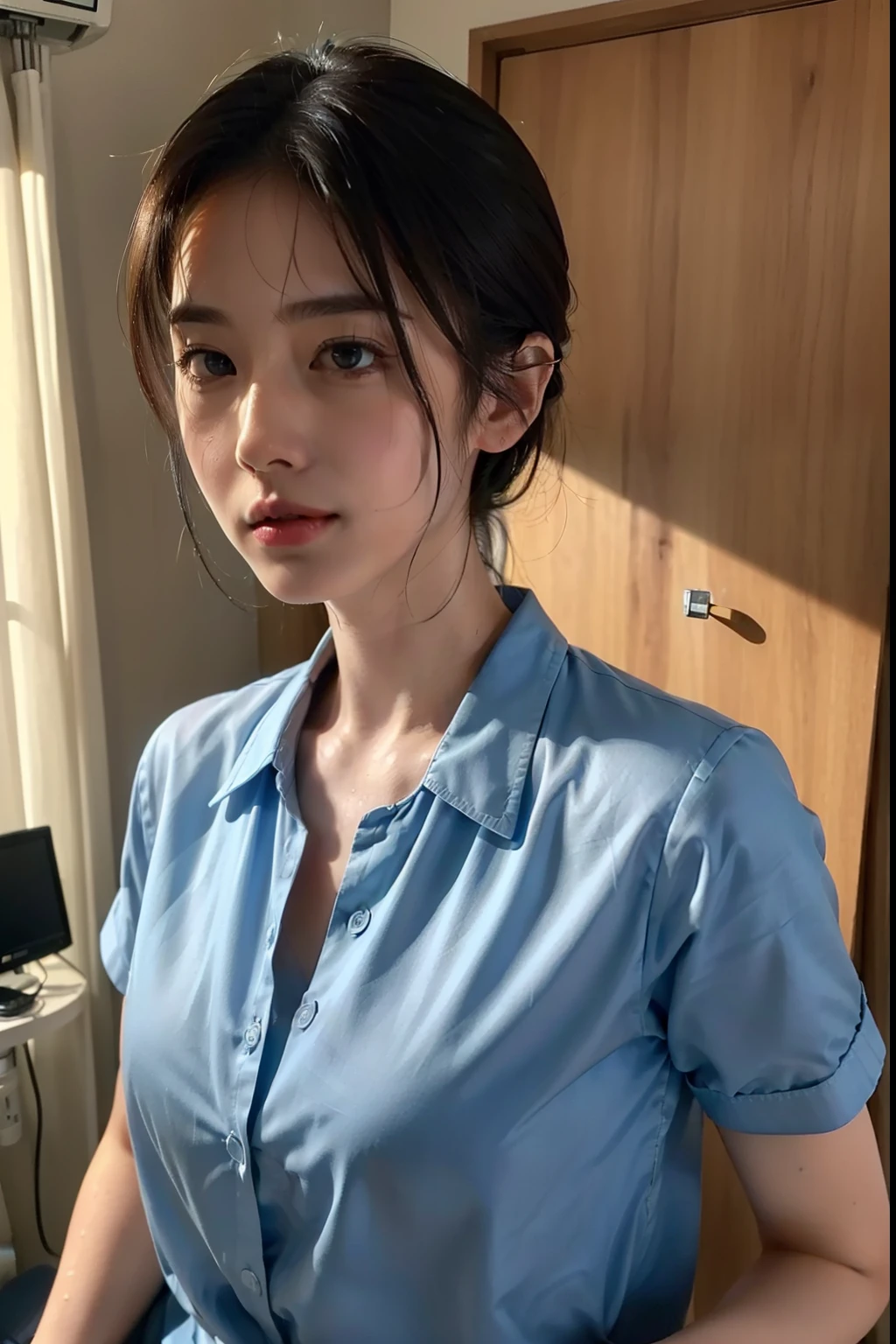 ((top-quality、8K、masterpiece:1.3))、sharp:1.2、Perfect Body Beauty:1.4、Slim abs:1.2、A dark-haired、short-cut、huge tit、(Wet light blue button long shirt:1.1)、nurse's outfit、wetty:1.5、Highly detailed facial and skin texture、A detailed eye、二重まぶた、Aspect of looking at the camera、In the hospital、Hospital Room