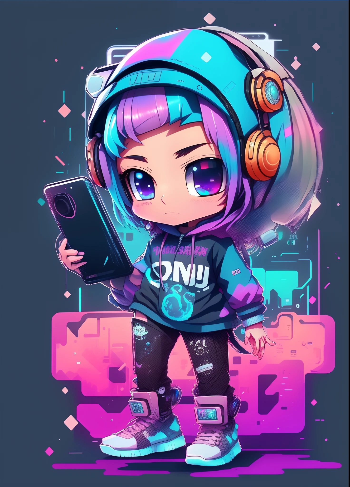 Cartoon girl with headphones and phone in hand, anime style 4 k, Advanced Digital Chibi Art, digital anime illustration, cute detailed digital art, Digital Art Style, Cute digital art, digital art in anime style, urban girl fanart, digital art in anime style, Anime style. 8K, rossdraws cartoon vibrant, Digital Cyberpunk Anime Art, Cute art style