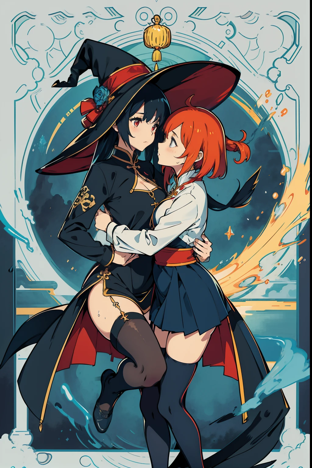 matching hairstyle，Match poses，sexyposture，High split end，high-waist，Bright colors，Magic background，water background，Traditional Chinese ancient background，Chinese dragon flat pattern，Chinese moire，the sky background，2girls，2 Witches，Witch hat，Stocking tights，Jumpsuits，Intimate dress，Wrap tightly，Pantyhose wrapped around the hips，Sexy，Wrap your entire body in clothes，Silk dress，Not exposed，mistic，abstact，Lady，Smiling，inquisitive，extremely beautiful legs，Sexy girl pose，lesbian，French kiss，Wet kiss，face to face，hugs，cuddle，Close contacts，Snugly fit together，Side Body，Kiss，tongue kissing，Lovers，stroking each other，desire big breasts，squelch，Body overlap，squishing，Squeeze the chest，Squeeze each other's chests，Love，Love each other，garter，leg loops，Pantyhose wrapped around the hips，body curve，stooped，mistic，Stocking tights，Jumpsuits，（（（（dramatics））），Witch hat，schoolgirl，Wear fashion-forward attire。The background is dark and tough，There is a sense of danger and intensity, The color palette is predominantly dark，With bright colors，Dynamic and visually striking look，Best quality at best，tmasterpiece，rich colourful，dyna，Background with，element in，self-assured，Expressing the，Accessories，A majestic，coil，Runt，Touching pubic area，Scenes，Bold，attention-grabbing，Fashionab，more big，attention-grabbing， modern day， Fashionab， focal， Fashionab，woman，with dynamism，garments，posing on a，best pixiv art