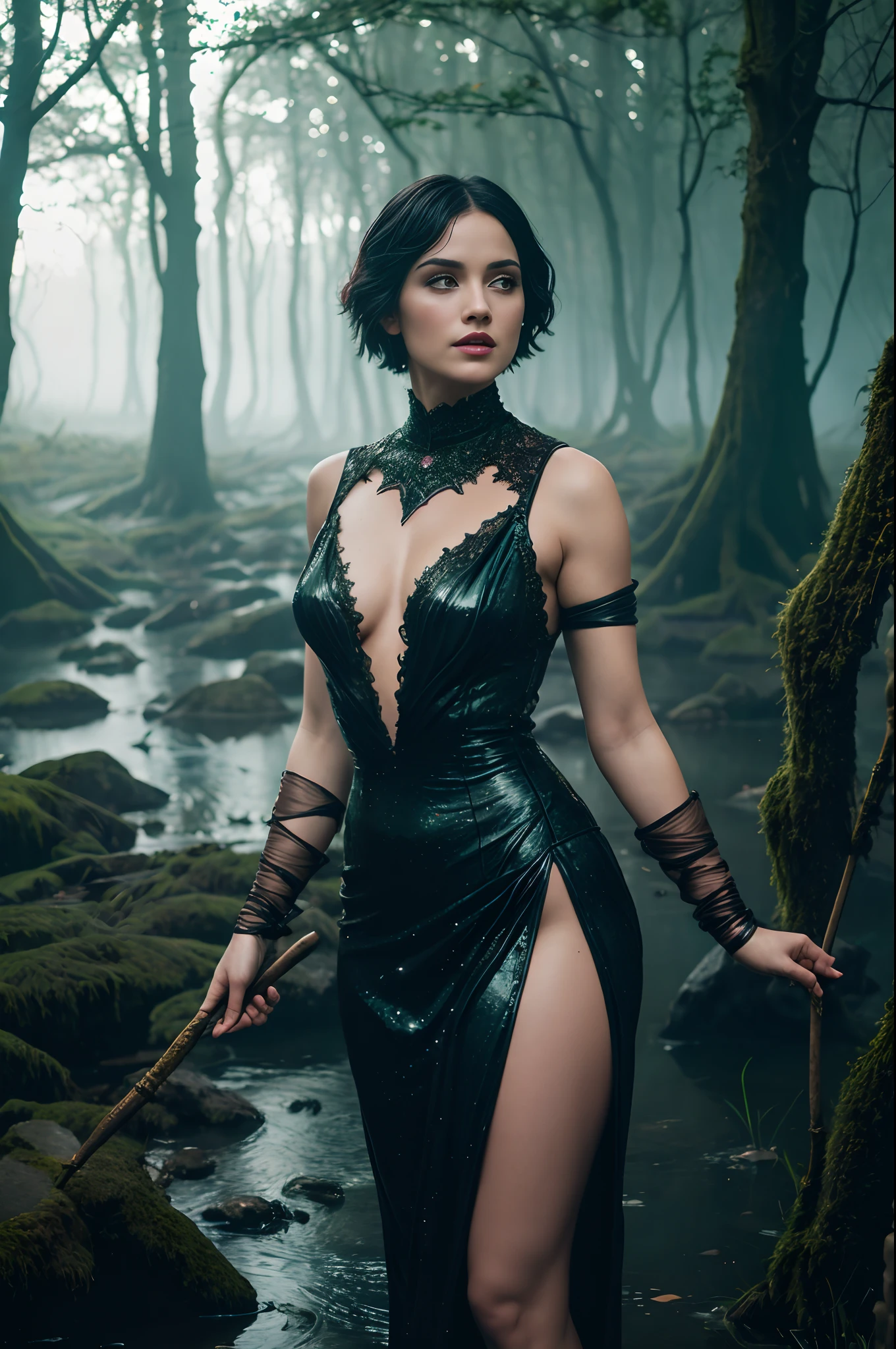 Masterpiece, Morrigan from Dragon Age, witch of the wilds dress, (skin texture:1.1), (fantasy swamp background), casting a spell, magical effects, magic aura, sparks, fire, best quality, ultra high res, (photorealistic: 1.4), Raw photo, by Ellen von Unwerth, Nikon D850 Film Stock Photography, F1.6 Lens, Rich Colors, Realistic, Cinestill 800, backlight, rimlighting, intense sunlight