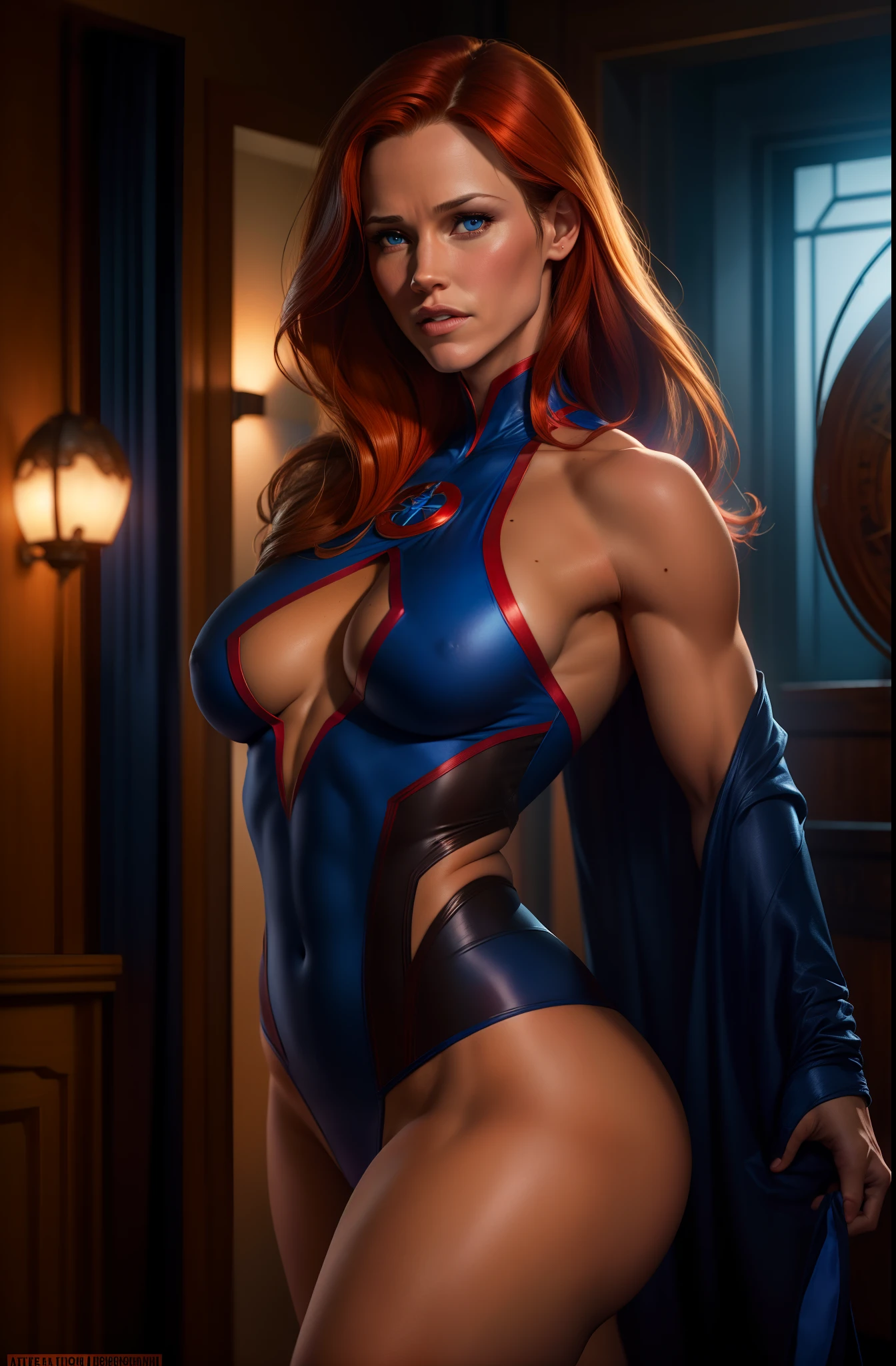 Jennifer Garner as Dr. strange, defined muscles, red hair, athletic build, tight costume, highly detailed, sexy revealing lots of skin, large breasts, ((bare breasts)), ((dark tan)), ((cobalt blue eyes))