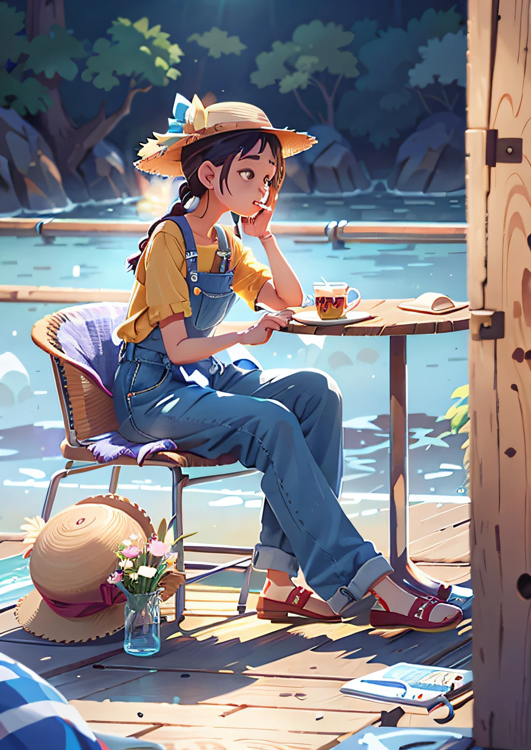 sits at a table，Woman with laptop on her lap, wearing a straw hat and overalls, wearing blue jean overalls, casual clothing style, at the waterside, Wearing overalls, One Piece style, summer setting, inspired by Yuko Tatsushima, Blue overalls, bae suzy, dressed with long fluent clothes, overalls, song hye - kyo