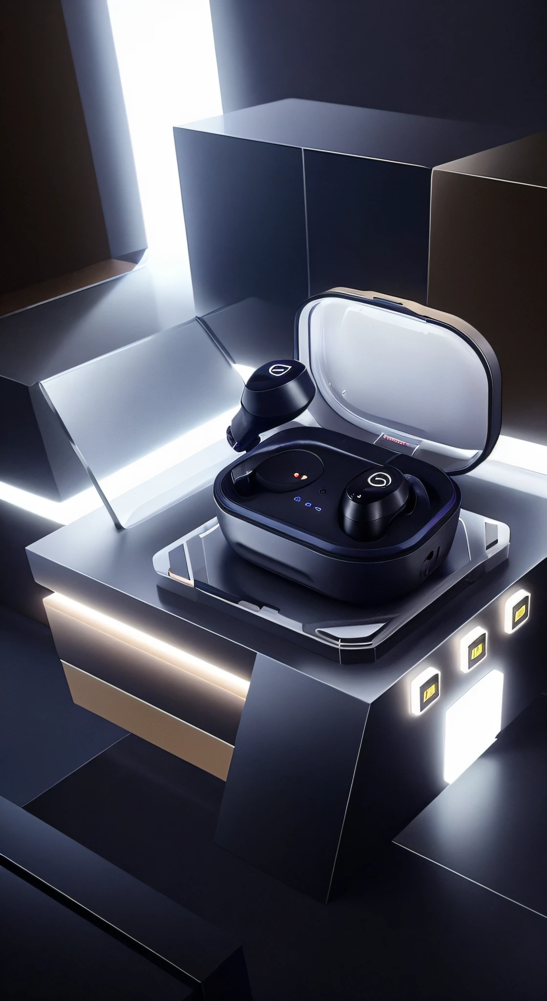 there is a pair of headphones sitting on a table, floating headsets, earbuds, sleek waterproof design, Product rendering, product design render, zun, 3 d product render, futuristic product design, sleek cool waterproof design, dark-toned product photos, 9 k, 9K, 8 k'', 8K, by Yang J, big breasts beautiful, Showcase