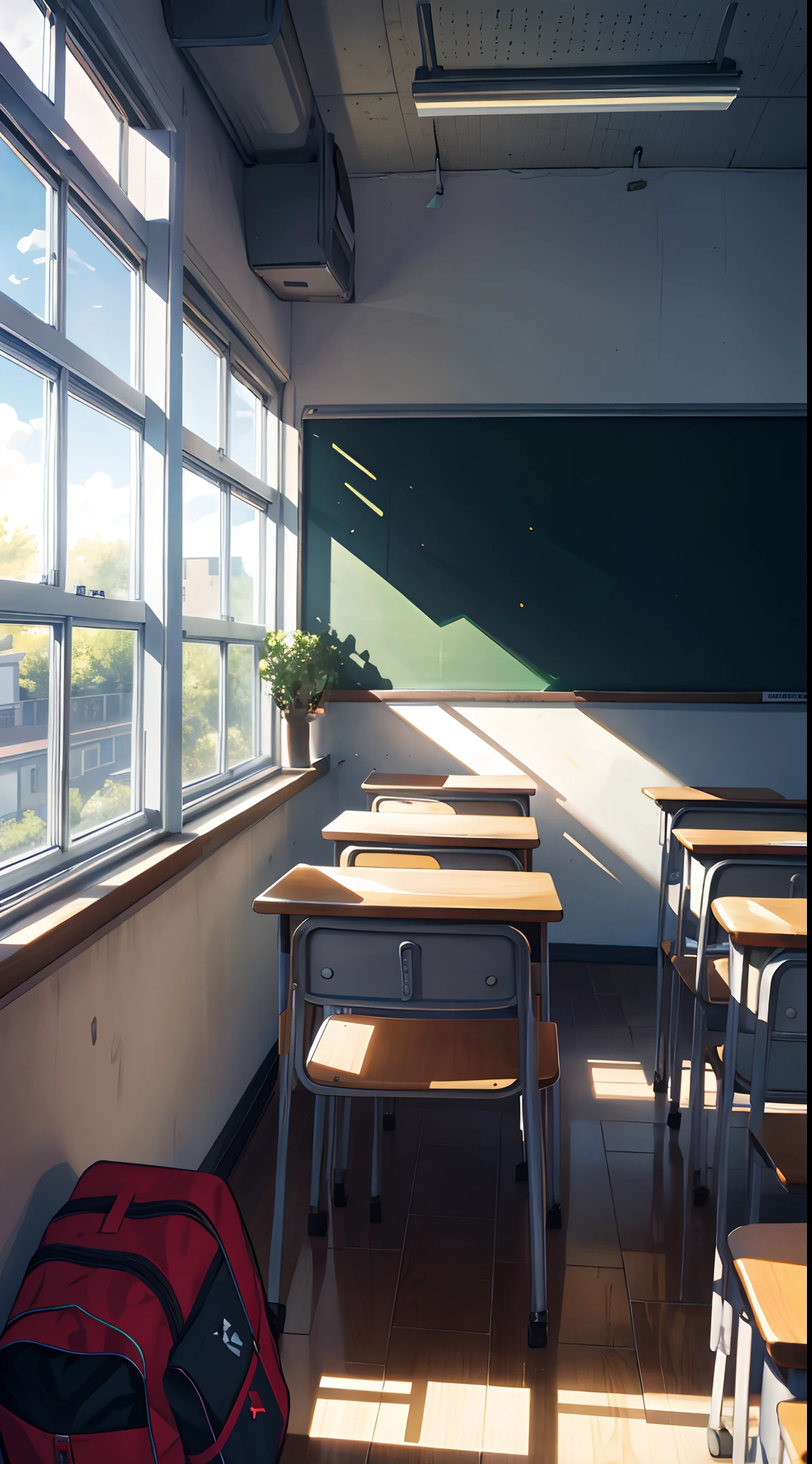 summer, classroom scene, row of desks, school bags, books, chalkboard, chalk writing, window, shade, sunlight, wide angle, best quality, 8k, perspective, depth of field, high resolution, fine detail, super detail, sharp focus