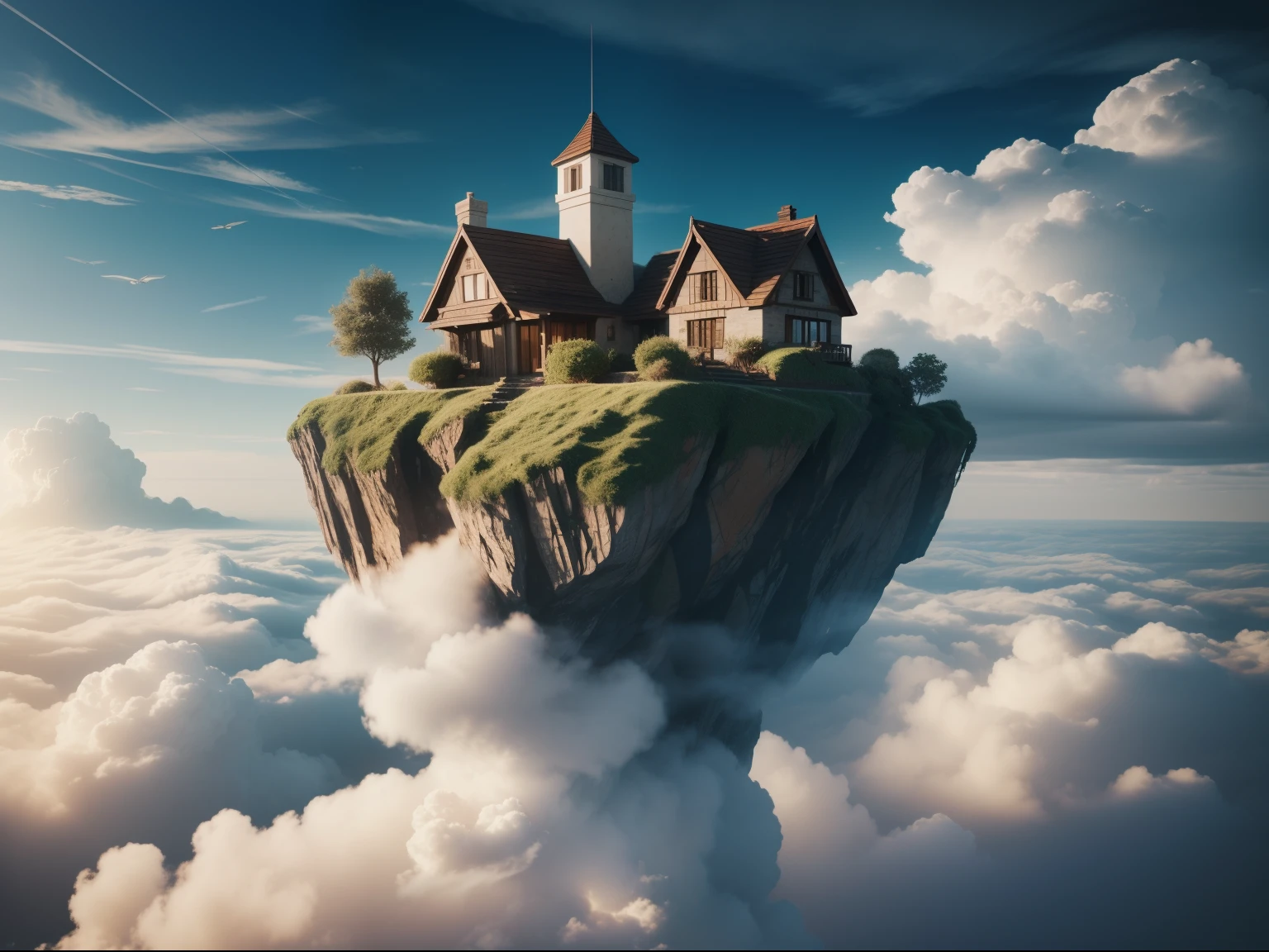 a small house on a cliff in the clouds, floating island in the sky, flying island in the sky, island floating in the sky, floating and flying island, floating city on clouds, an island floating in the air, flying island, floating lands in-clouds, floating island,8k, best quality, masterpiece, realistic, ultra detail, photography, HDR, ROW photo, highres, absurdres, smoother light, official art, depth of field,rtx, octano, irreal,