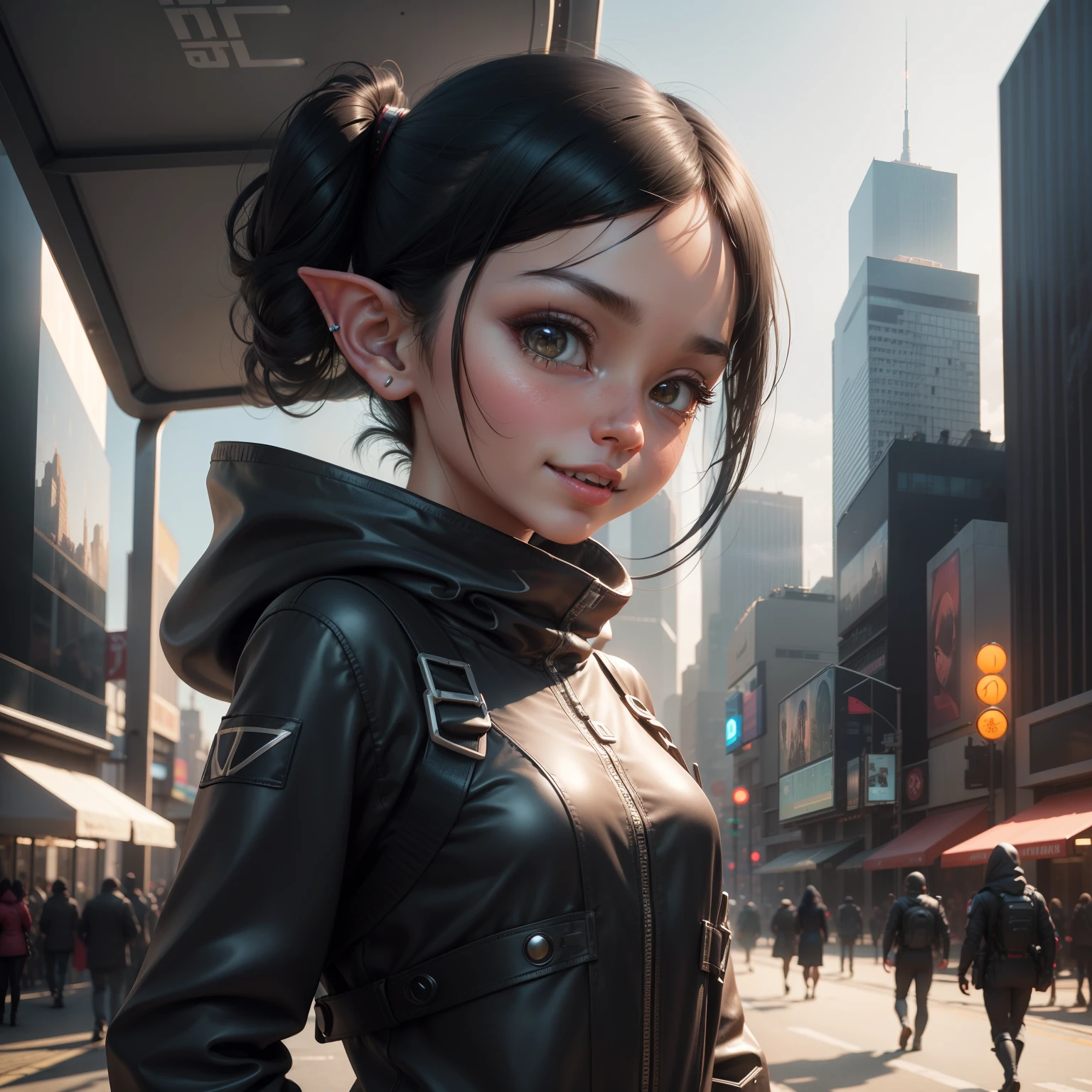 "Create a semi-realistic 3D scene featuring an adorable young girl with black hair, an alien appearance that combines human and ant-like features, pointed ears, and cheerful eyes. Place her in a festive setting within a futuristic cityscape, where the environment is brimming with lively activities and advanced technology. Capture the unique charm of her alien characteristics against the backdrop of the bustling, futuristic city, where the scene radiates a sense of joy and wonder."