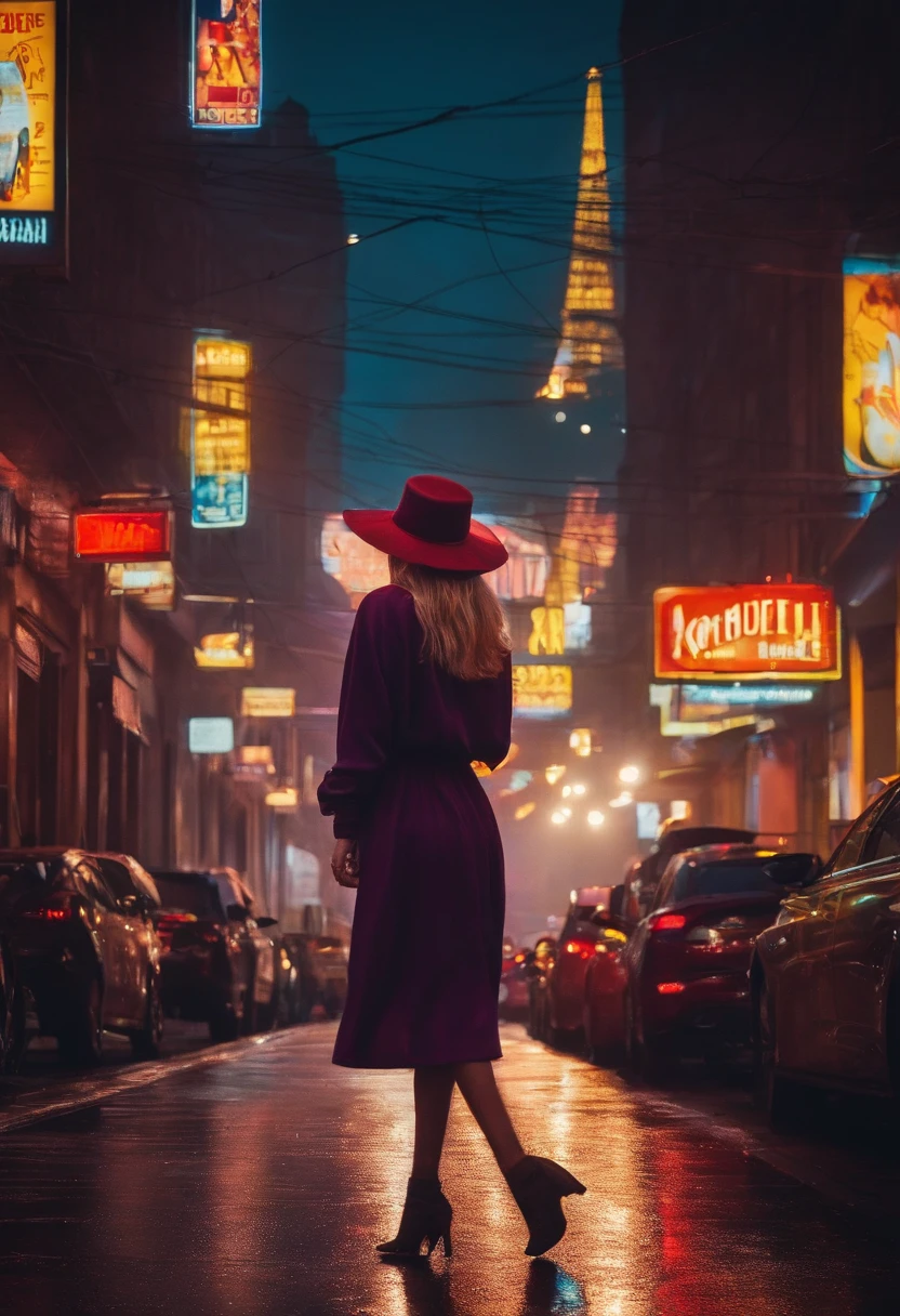 Expressed by illustration type,It was drizzling hazy,A girl on the road,Wearing a sweatshirt hat,Wear a pleated skirt that reaches to the thighs,Head down and walk ahead with neon flashing,A city with bright lights