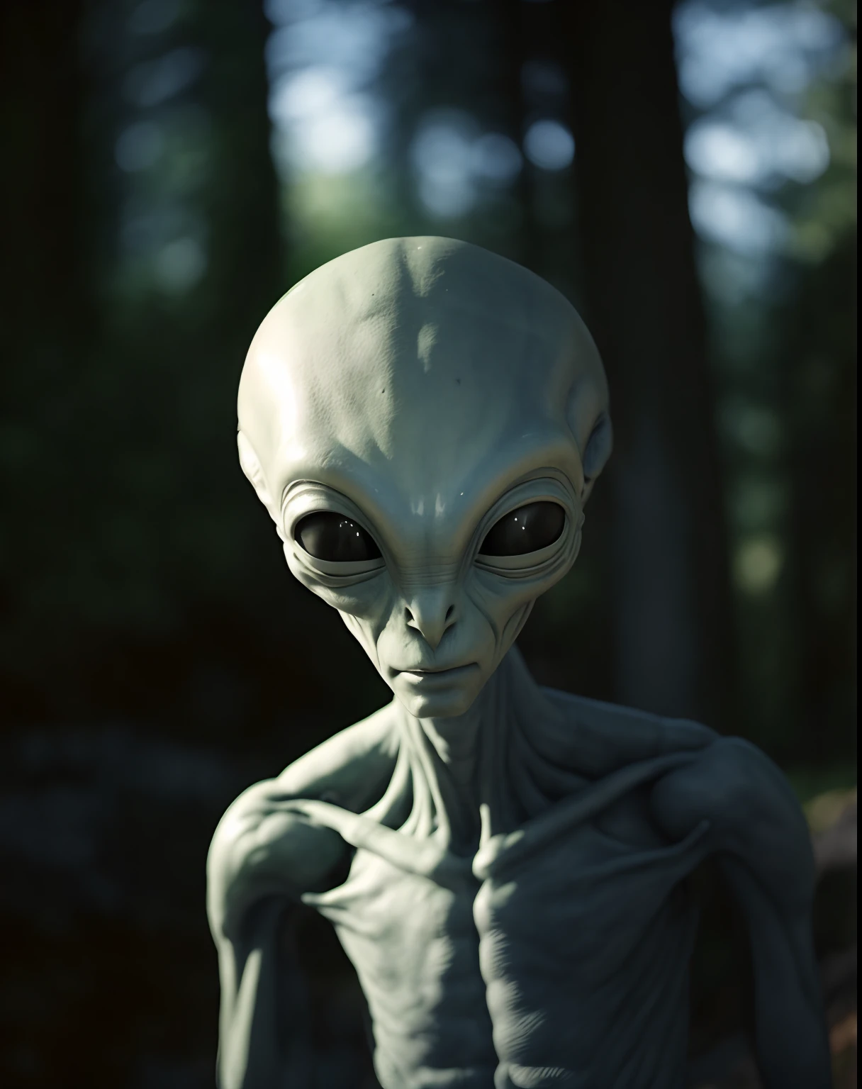 alien statue in the woods with trees in the background, alien looking, grey alien, portrait of a grey alien, gray alien, alien creature, an alien, reptilian space alien, realistic alien, extraterrestrial, portrait of a humanoid alien, space alien, alien life, extraterrestial, portrait of an alien, alien grey