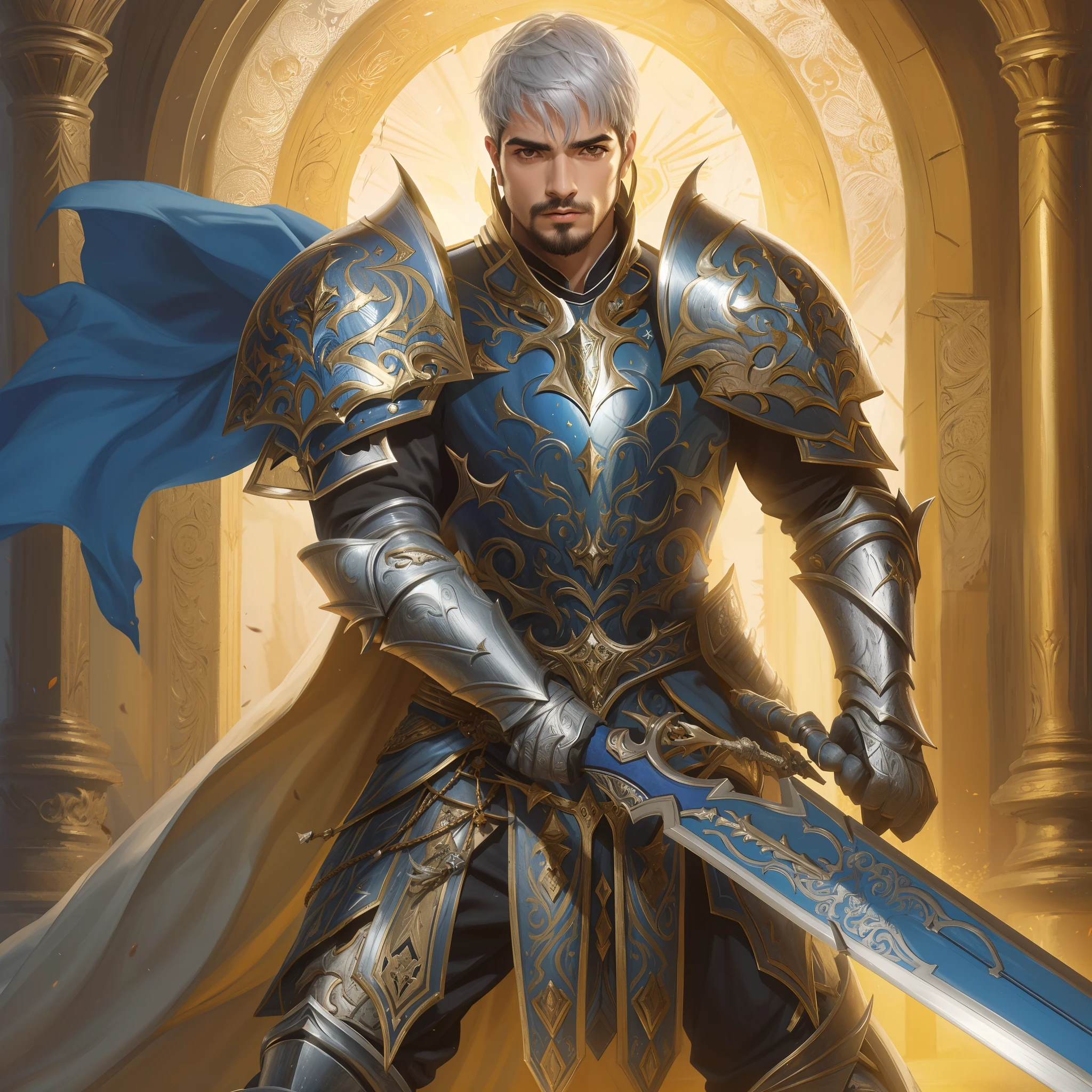 A mature and handsome man with blue pupils, short yellow hair, a confident expression, wearing gorgeous silver armor with golden patterns all over the armor, exuding light blue luster, holding a huge sword, a paladin