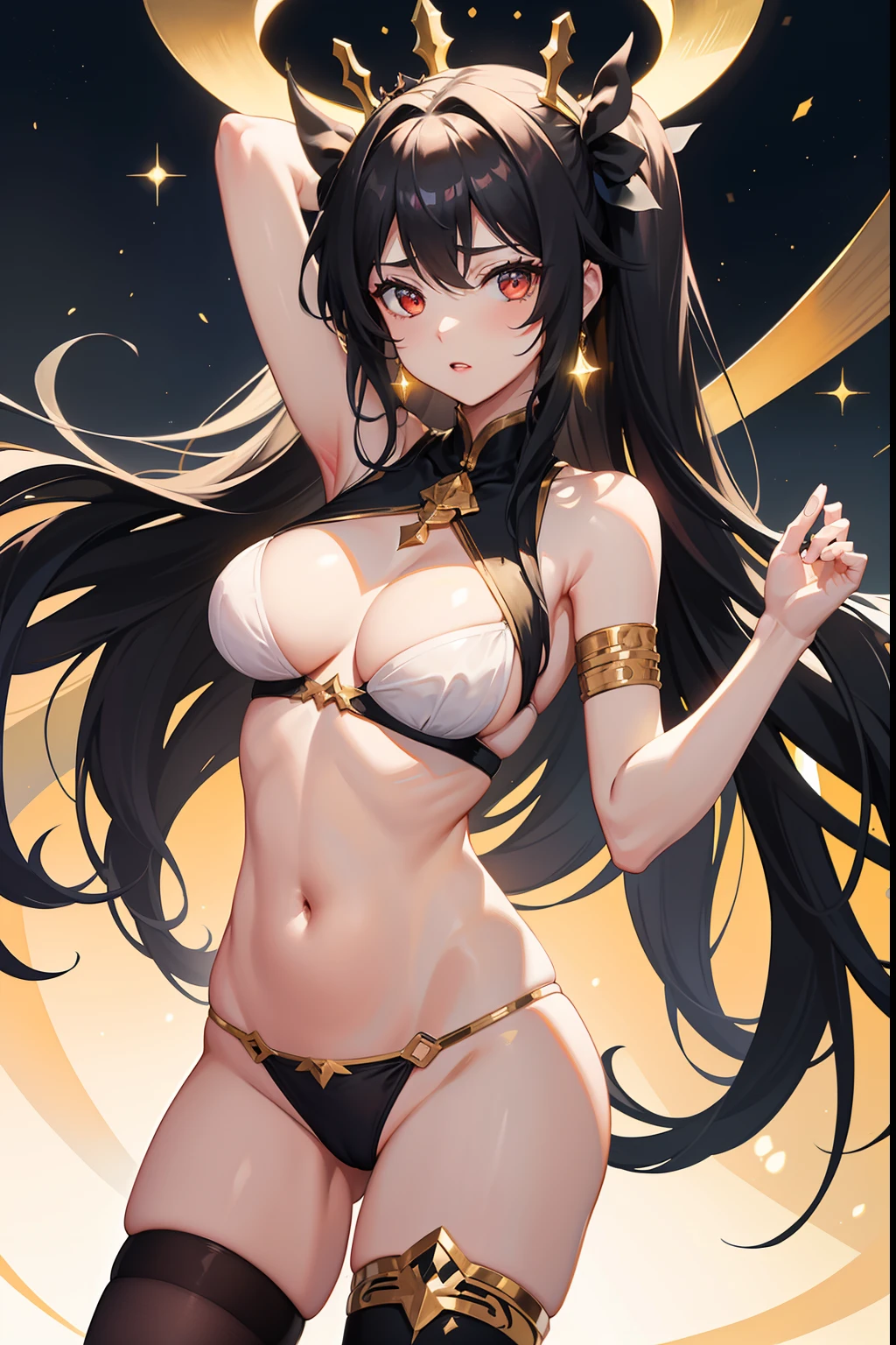 (best quality), [masterpiece], (ishtar), White bra for upper body，Black briefs on the lower body, sexy pose, universe,golden light, Venus, 1 girl,solo, standing, single black thighhigh with golden crural ring, black hairband with golden edge like a crown,(white bra), black twintails,red eyes,glittering, only underwear, (nudity), black triangle underwear, on stomach