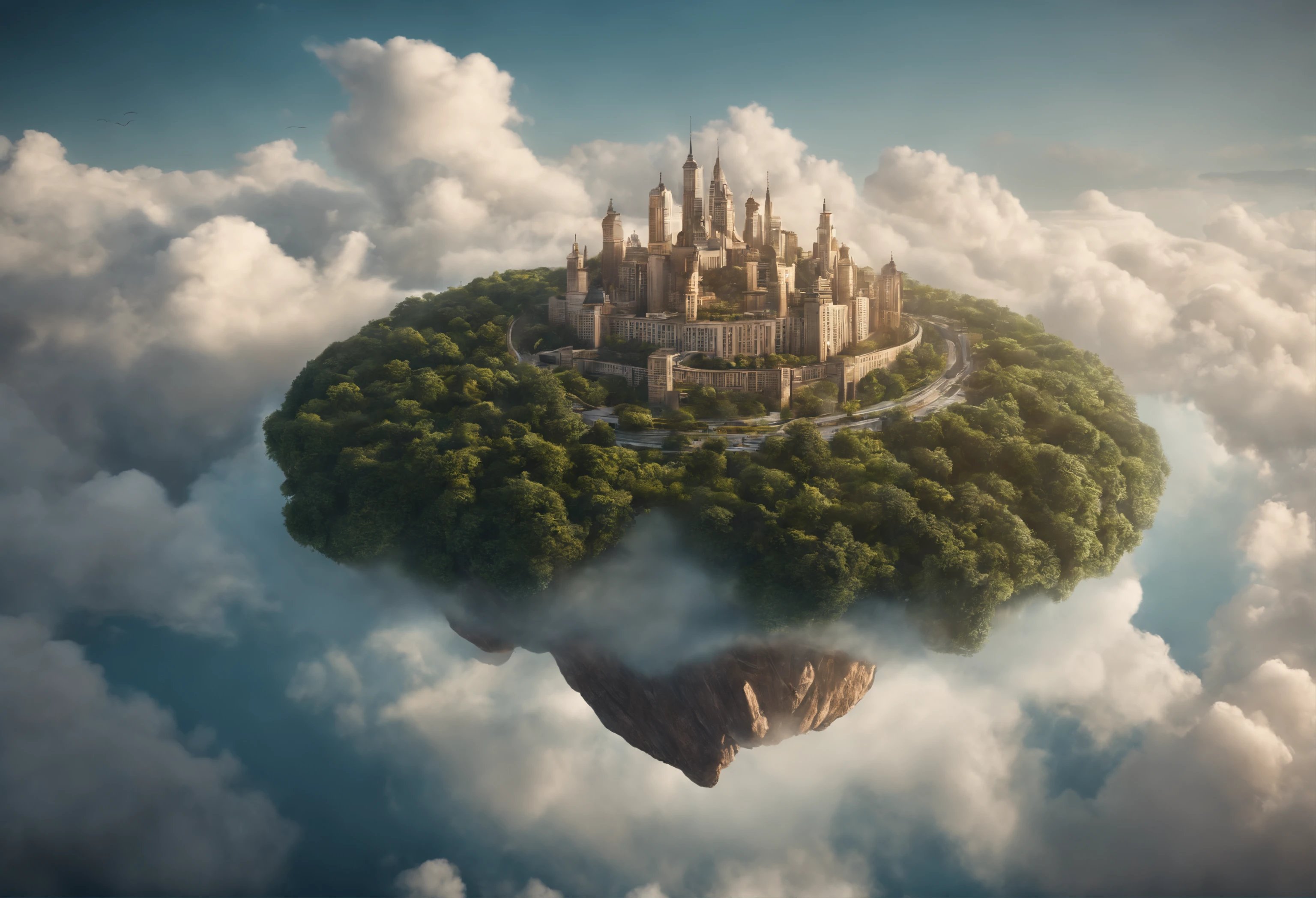 there is a small island with a lot of buildings on it, a matte painting by Alexander Kucharsky, cg society contest winner, surrealism, floating city on clouds, floating city in the sky, floating island in the sky, floating lands in-clouds, city in the clouds, a city in the clouds, island floating in the sky, flying island in the sky