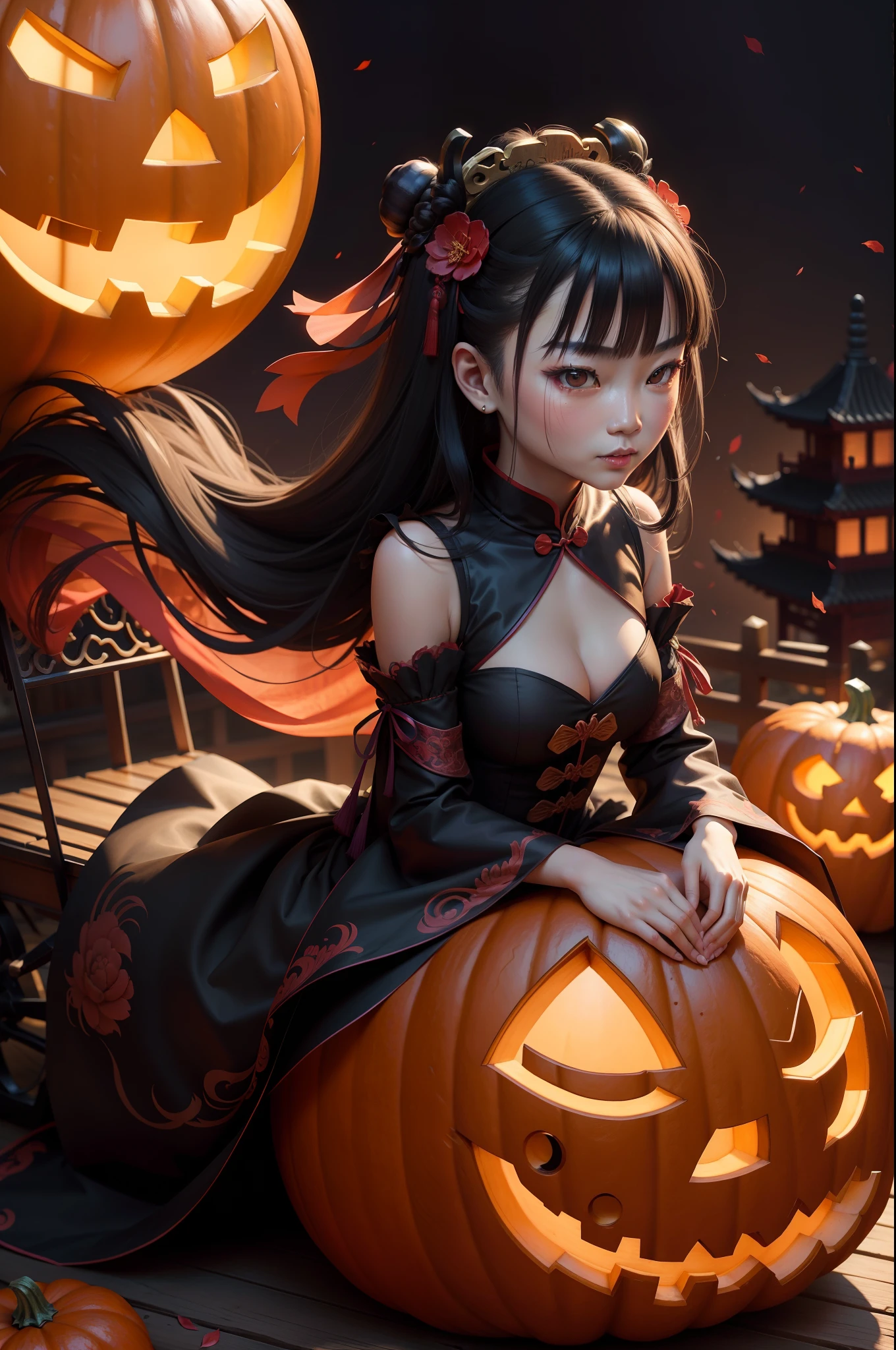 Chinese style Halloween characters,Pumpkin cart,Dark Princess Wind,Detailed facial portrayal,Fine texture