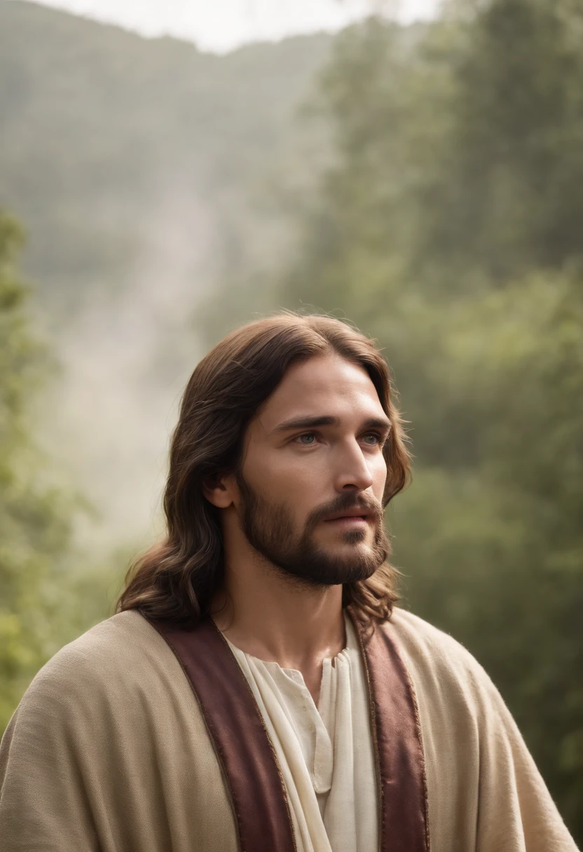 Jesus Cristo em um ambiente aberto com a cruz vazia de fundo em 4 d
