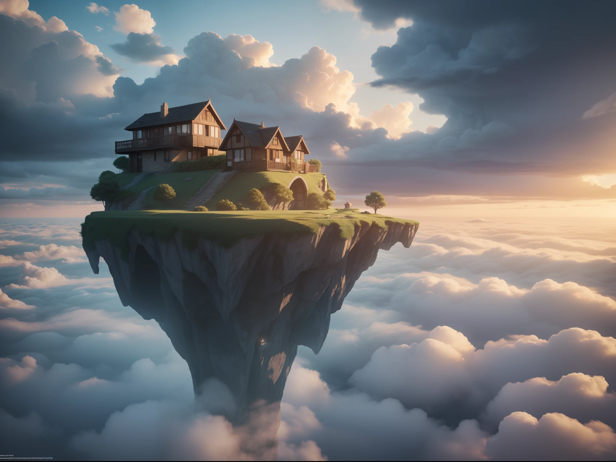 a small house on a cliff in the clouds, floating island in the sky, flying island in the sky, island floating in the sky, floating and flying island, floating city on clouds, an island floating in the air, flying island, floating lands in-clouds, floating island,8k, best quality, masterpiece, realistic, ultra detail, photography, HDR, ROW photo, highres, absurdres, smoother light, official art, depth of field,rtx, octano, irreal,